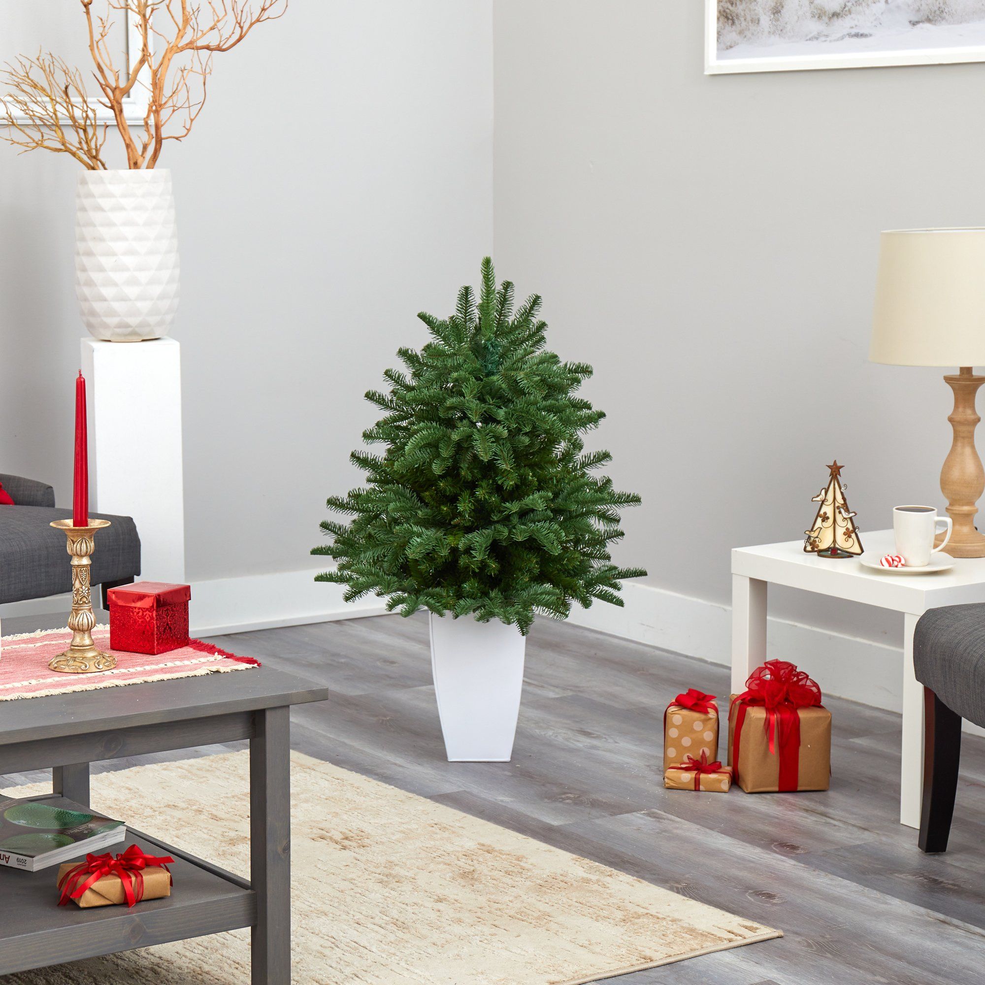 38” South Carolina Spruce Artificial Christmas Tree with 458 Bendable Branches in White Metal Planter