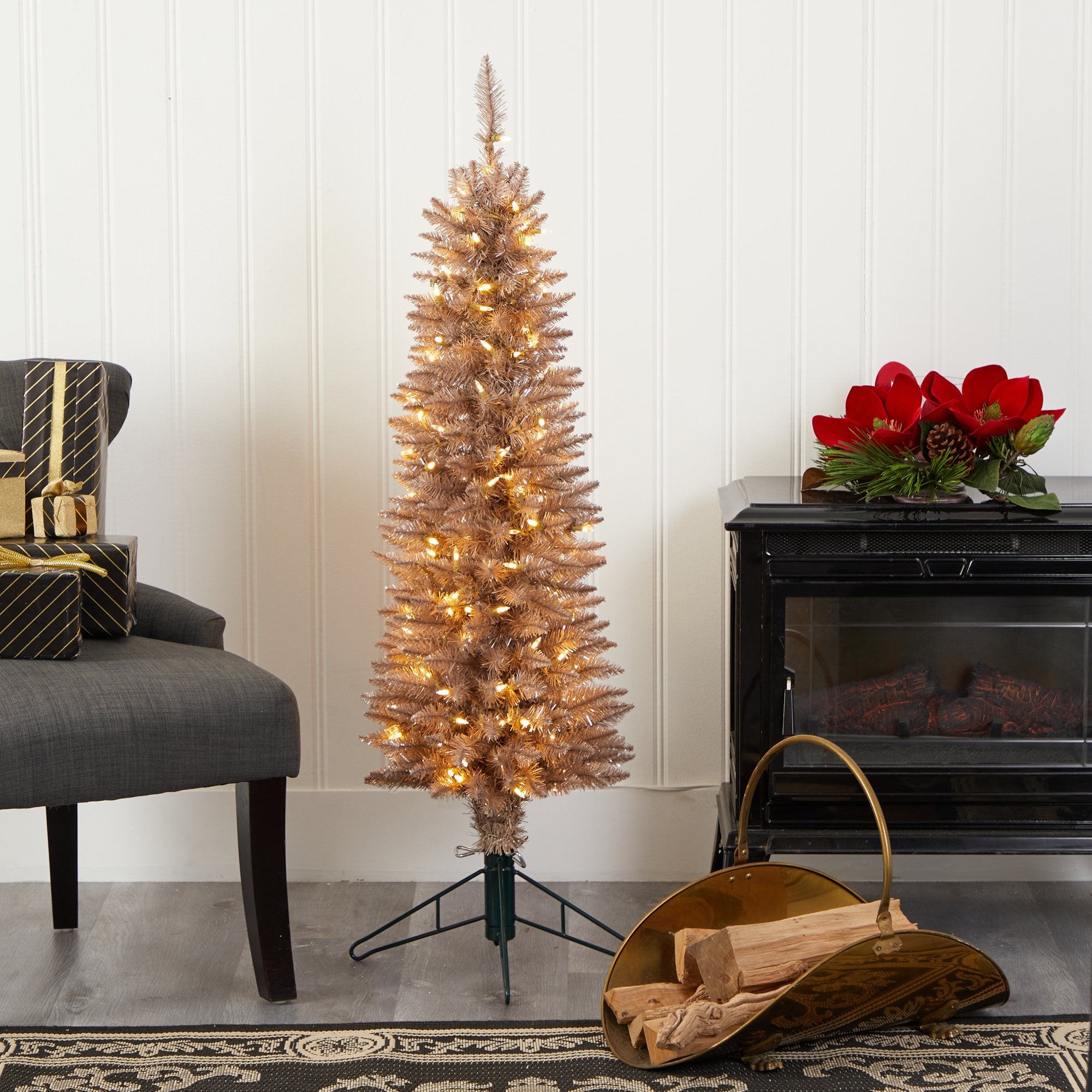 4’ Champagne Pencil Artificial Christmas Tree with 150 (multifunction) Clear LED Lights