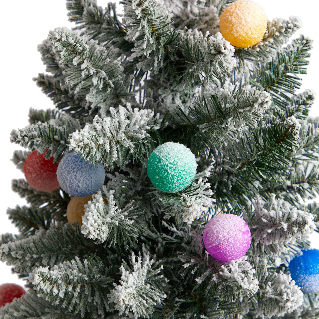 4' Flocked British Columbia Mountain Fir Artificial Christmas Tree with 40 Multi Color Globe Bulbs and 247 Branches