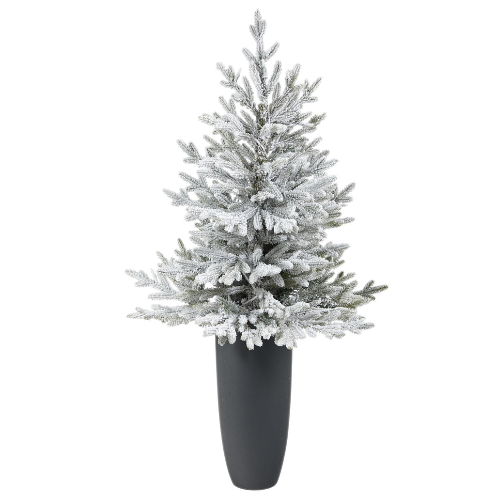 4’ Flocked Fraser Fir Artificial Christmas Tree with 200 Warm White Lights and 481 Bendable Branches in Gray Planter