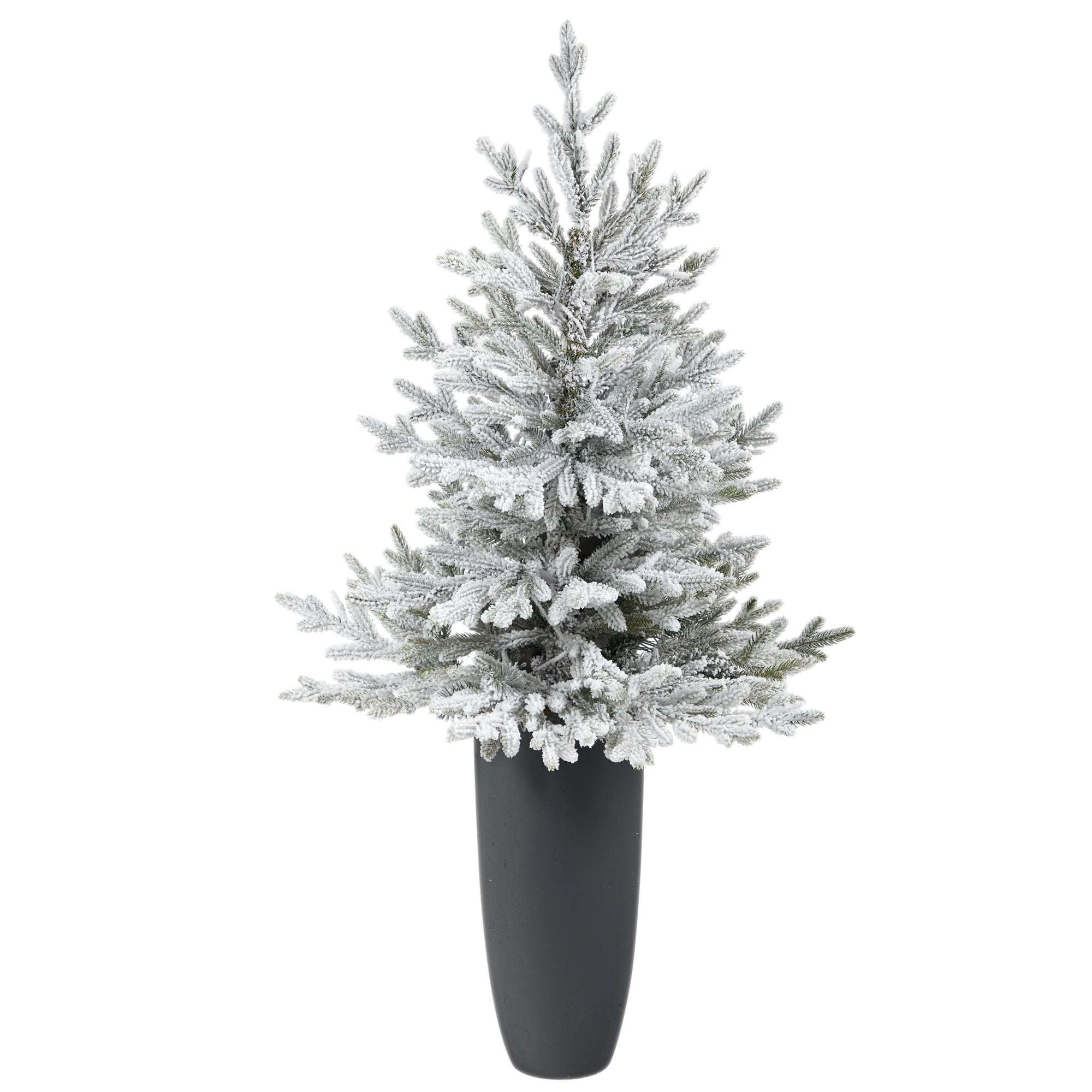 4’ Flocked Fraser Fir Artificial Christmas Tree with 200 Warm White Lights and 481 Bendable Branches in Gray Planter