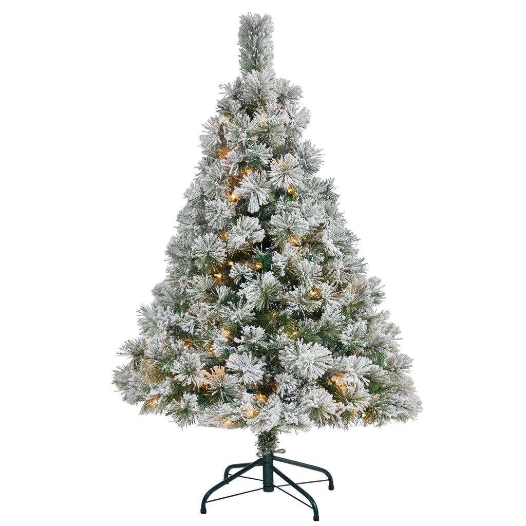 4’ Flocked Oregon Pine Artificial Christmas Tree with 100 Clear Lights and 215 Bendable Branches