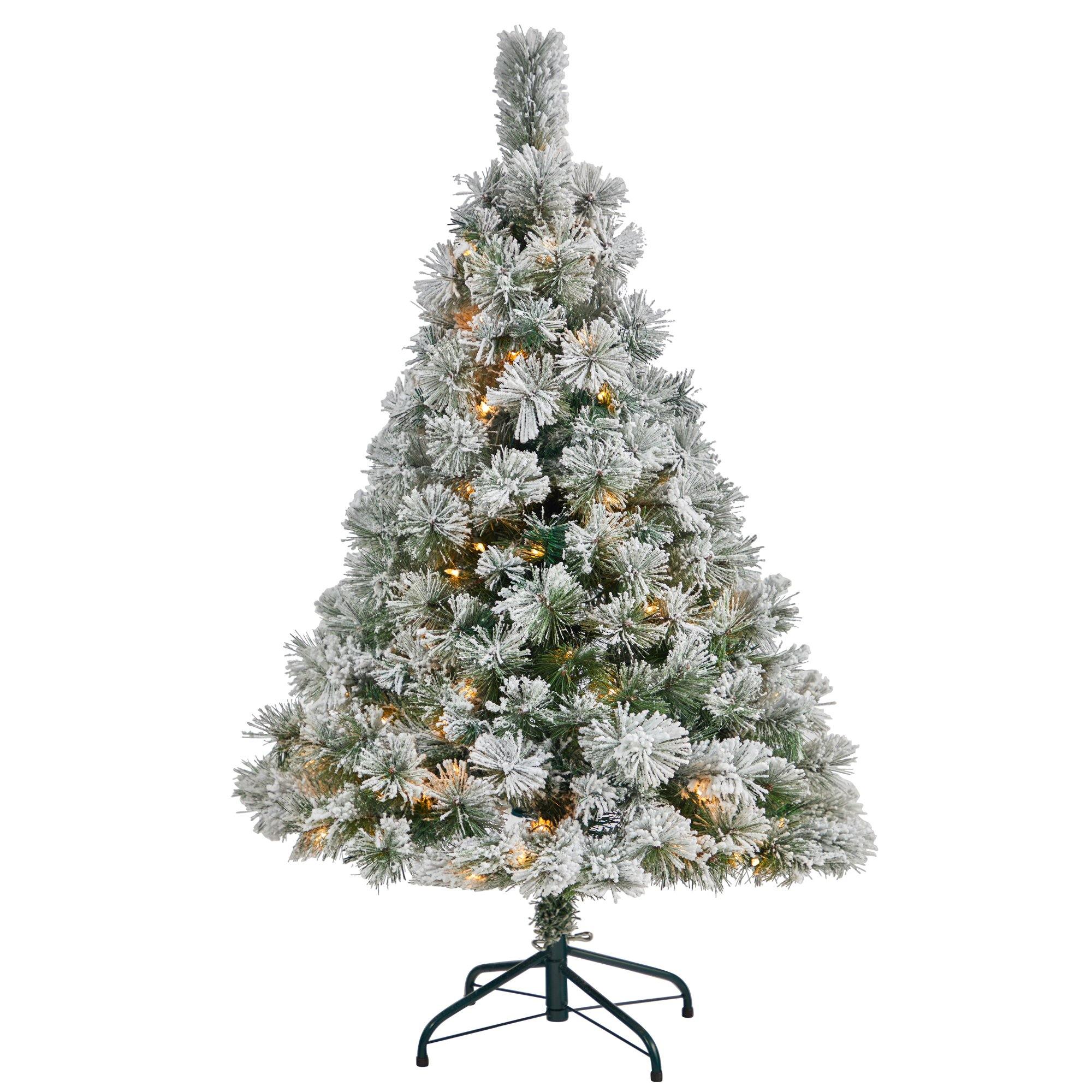 4’ Flocked Oregon Pine Artificial Christmas Tree with 100 Clear Lights and 215 Bendable Branches