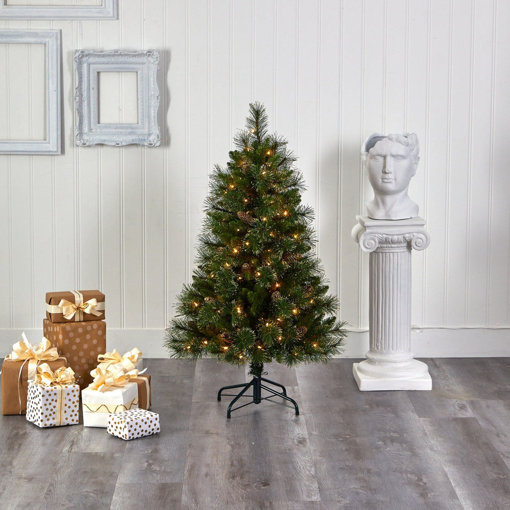 4’ Golden Tip Washington Pine Artificial Christmas Tree with 100 Clear Lights, Pine Cones and 336 Bendable Branches