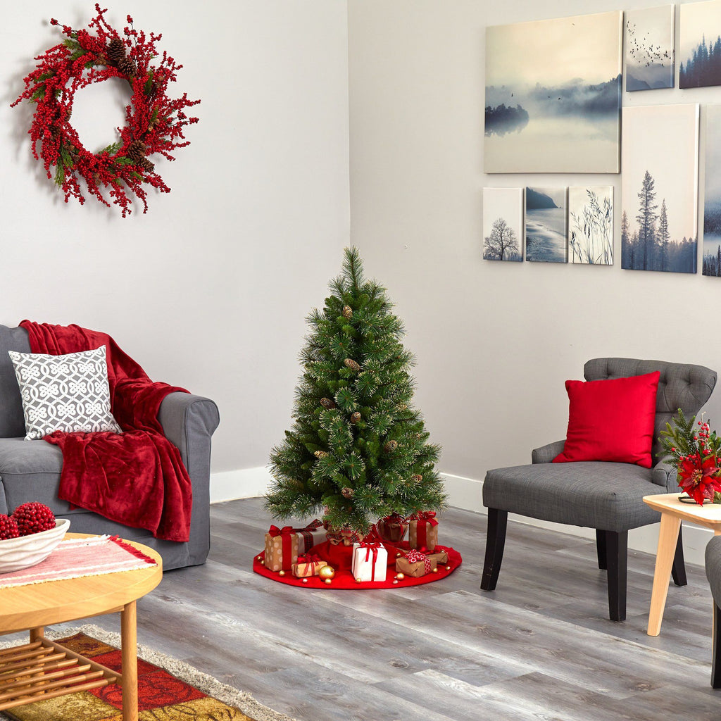 4’ Golden Tip Washington Pine Artificial Christmas Tree with 100 Clear Lights, Pine Cones and 336 Bendable Branches