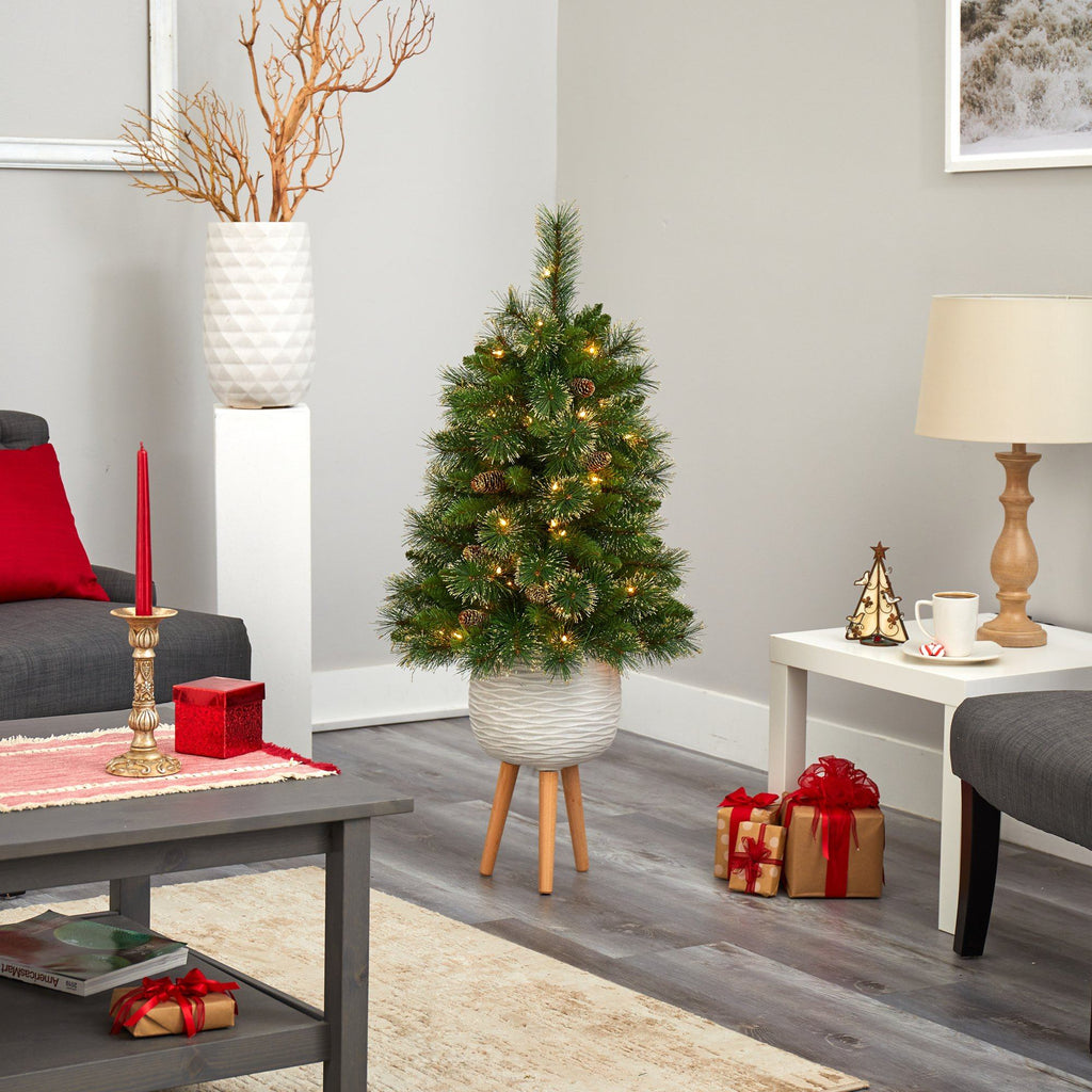 4’ Golden Tip Washington Pine Artificial Christmas Tree with 50 Clear Lights, Pine Cones and 148 Bendable Branches in White Planter with Stand