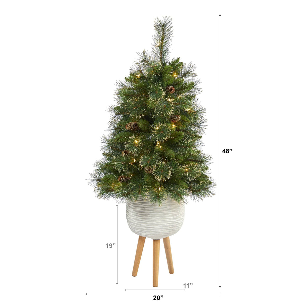 4’ Golden Tip Washington Pine Artificial Christmas Tree with 50 Clear Lights, Pine Cones and 148 Bendable Branches in White Planter with Stand