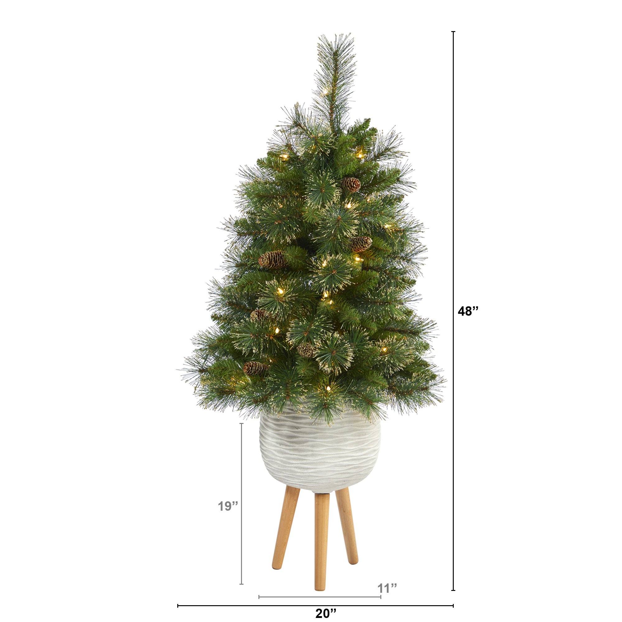 4’ Golden Tip Washington Pine Artificial Christmas Tree with 50 Clear Lights, Pine Cones and 148 Bendable Branches in White Planter with Stand