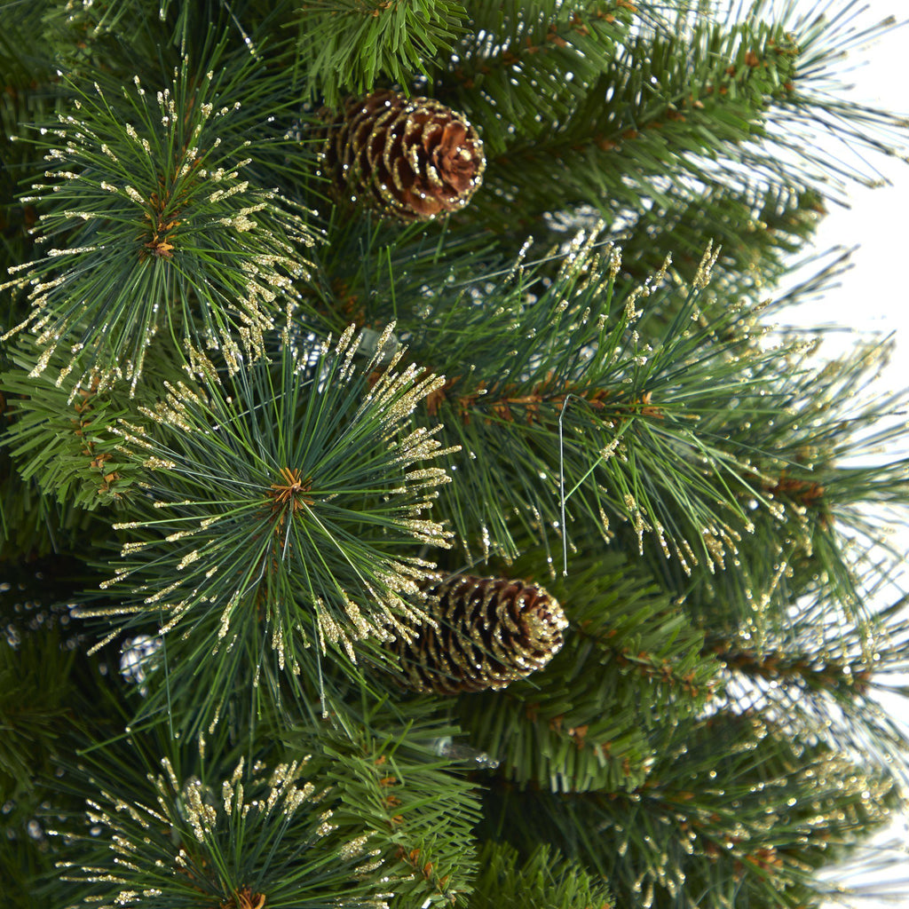 4’ Golden Tip Washington Pine Artificial Christmas Tree with 50 Clear Lights, Pine Cones and 148 Bendable Branches in White Planter with Stand