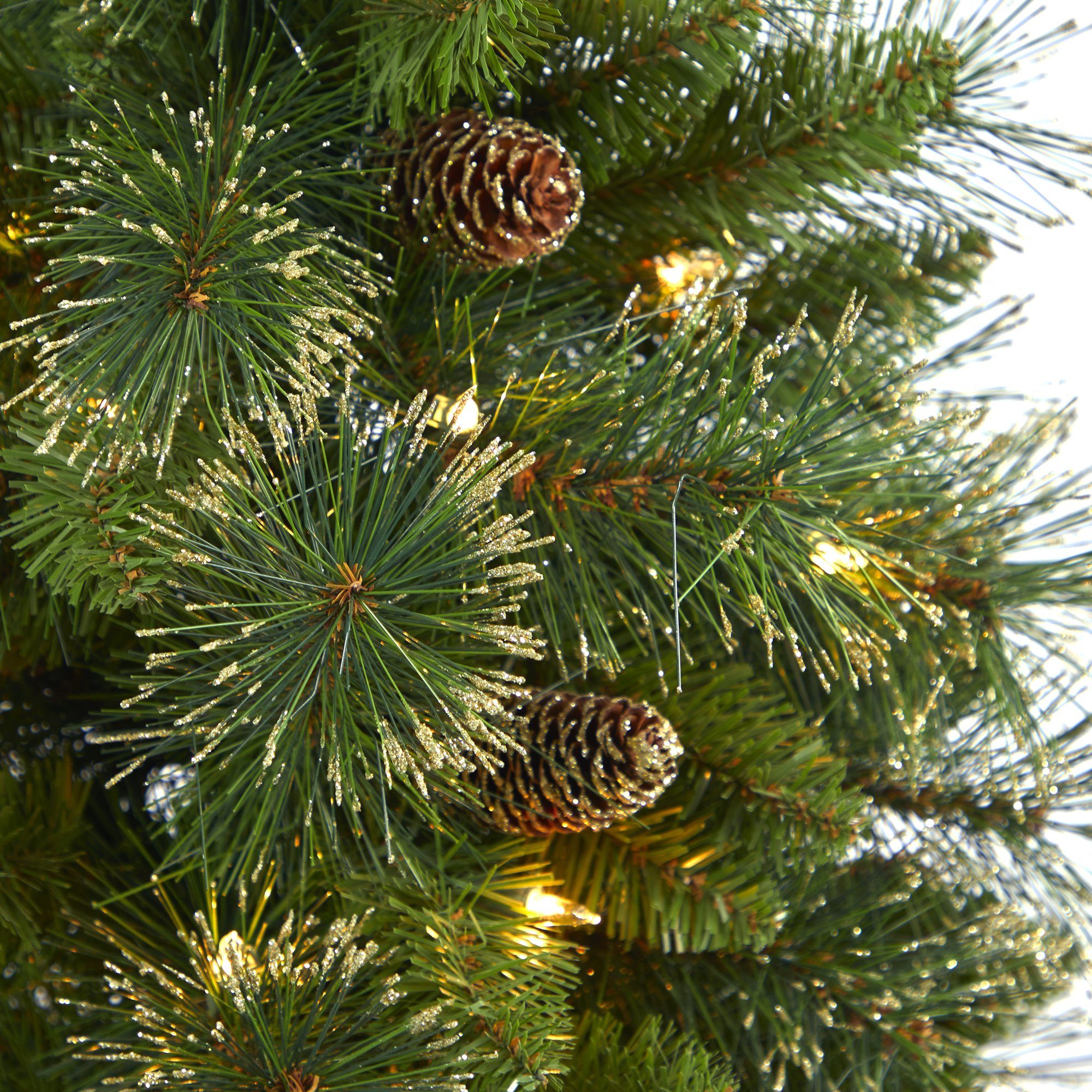 4’ Golden Tip Washington Pine Artificial Christmas Tree with 50 Clear Lights, Pine Cones and 148 Bendable Branches in White Planter with Stand