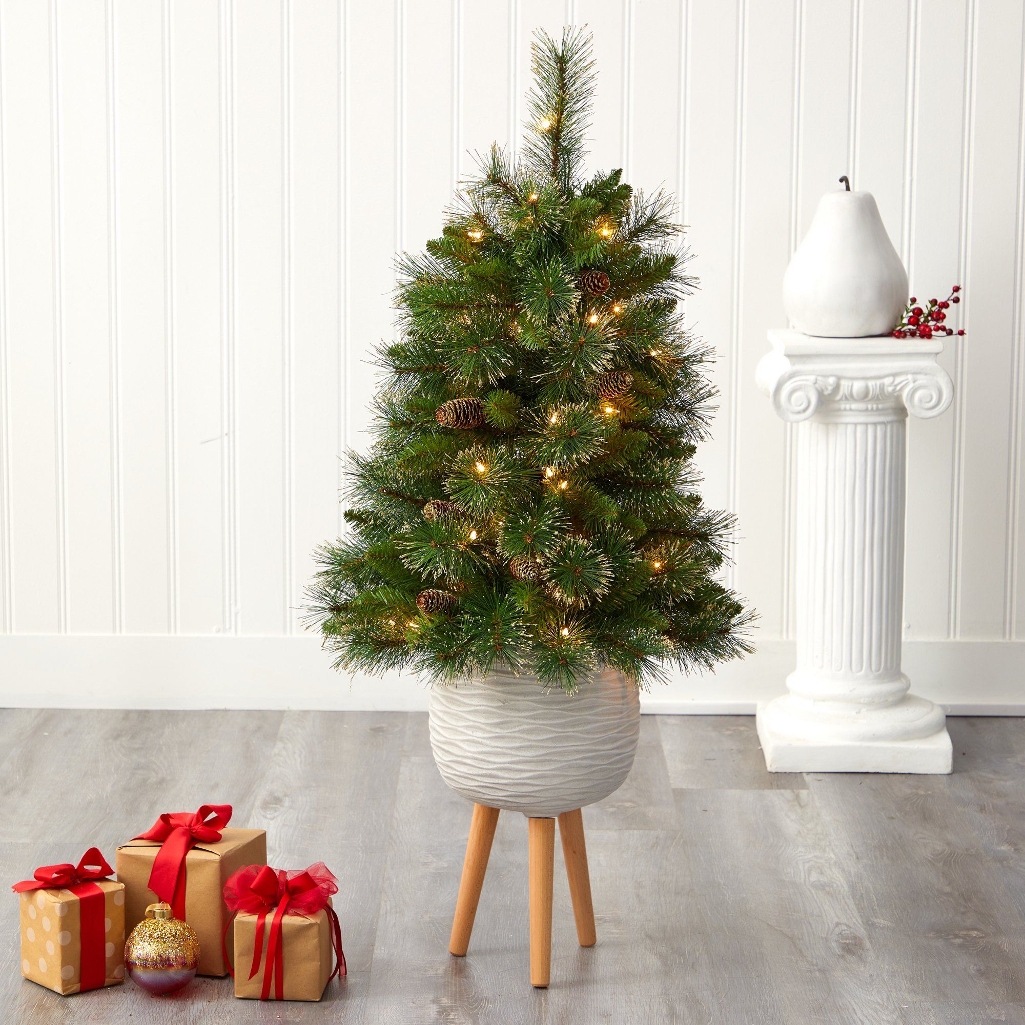 4’ Golden Tip Washington Pine Artificial Christmas Tree with 50 Clear Lights, Pine Cones and 148 Bendable Branches in White Planter with Stand