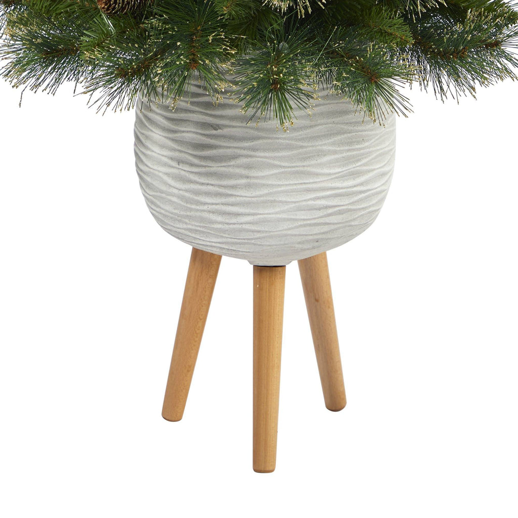 4’ Golden Tip Washington Pine Artificial Christmas Tree with 50 Clear Lights, Pine Cones and 148 Bendable Branches in White Planter with Stand