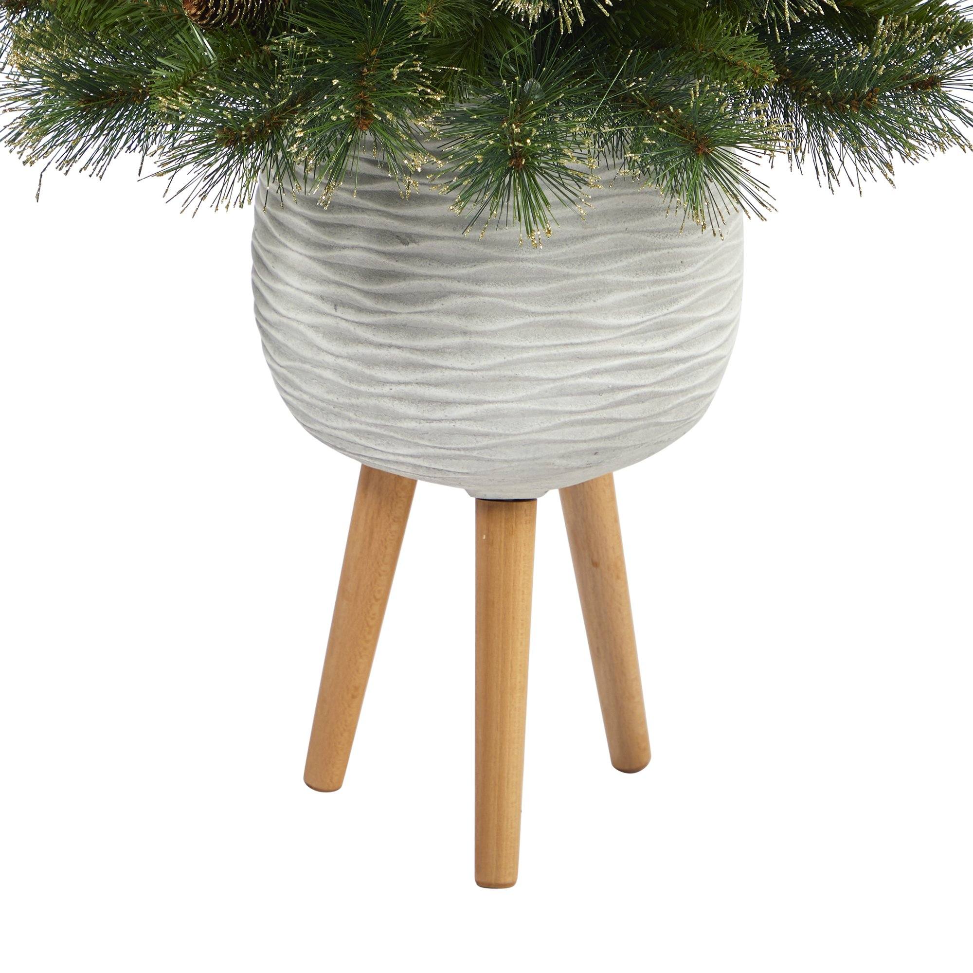 4’ Golden Tip Washington Pine Artificial Christmas Tree with 50 Clear Lights, Pine Cones and 148 Bendable Branches in White Planter with Stand