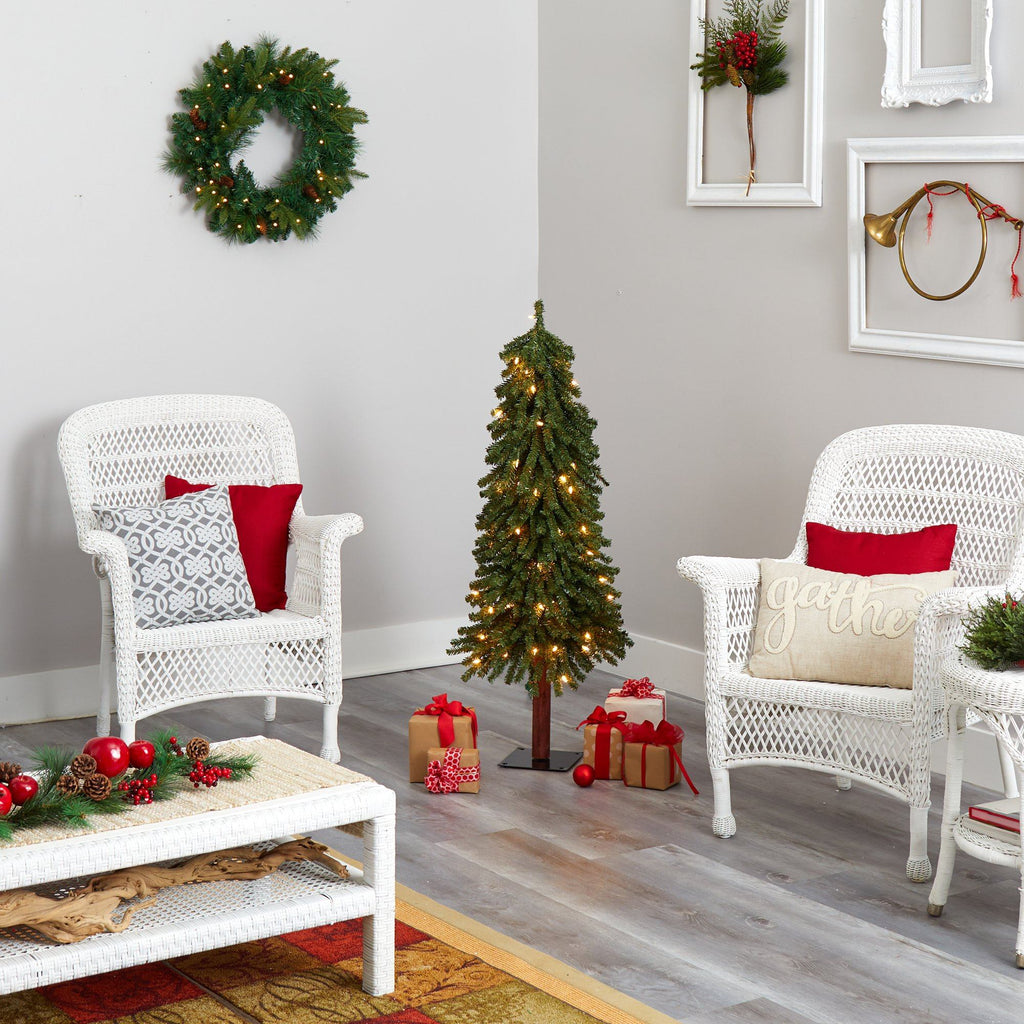 4’ Grand Alpine Artificial Christmas Tree with 100 Clear Lights and 361 Bendable Branches on Natural Trunk