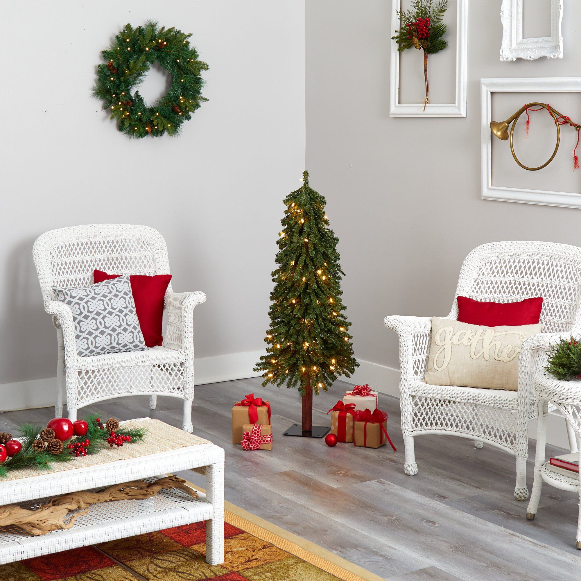 4’ Grand Alpine Artificial Christmas Tree with 100 Clear Lights and 361 Bendable Branches on Natural Trunk