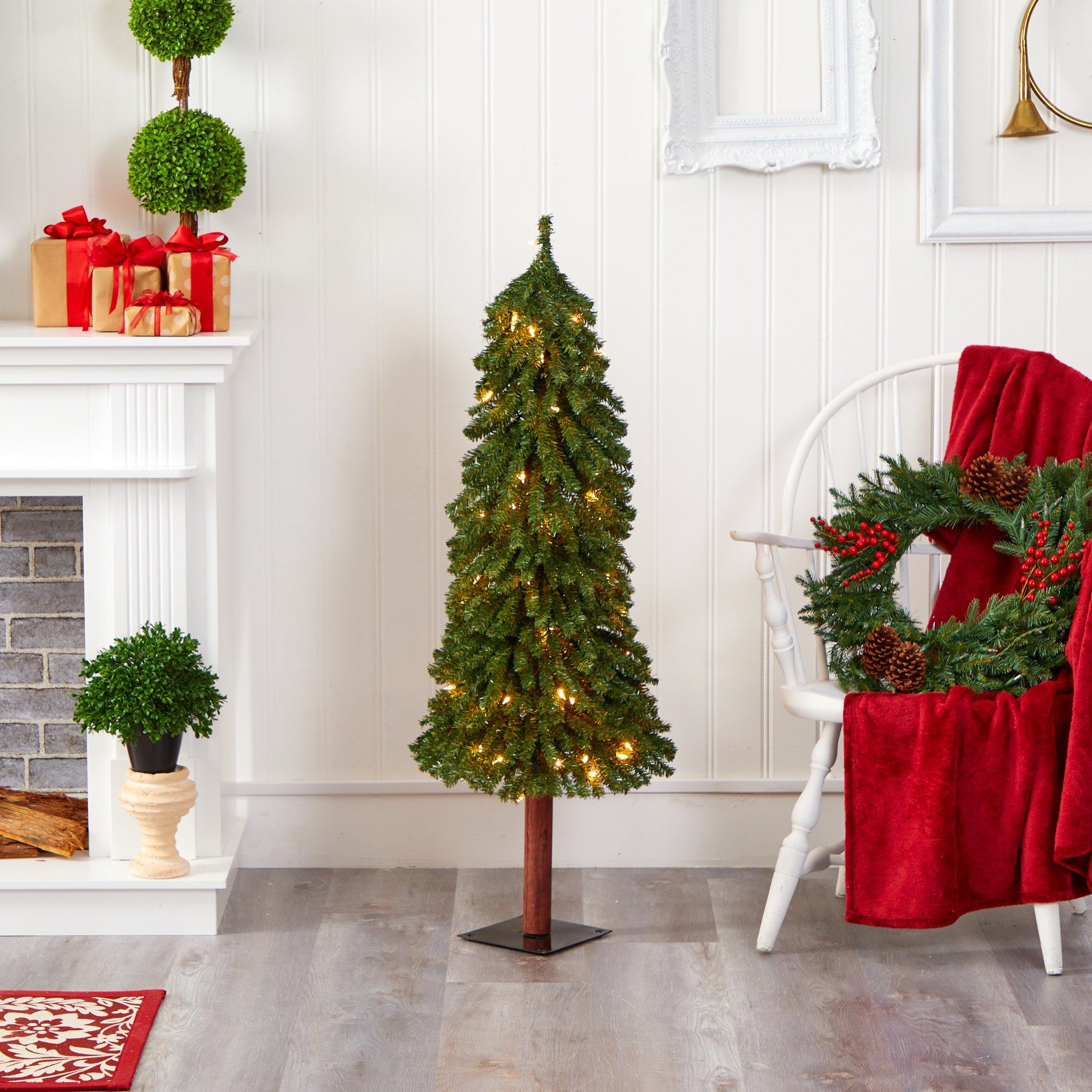 4’ Grand Alpine Artificial Christmas Tree with 100 Clear Lights and 361 Bendable Branches on Natural Trunk