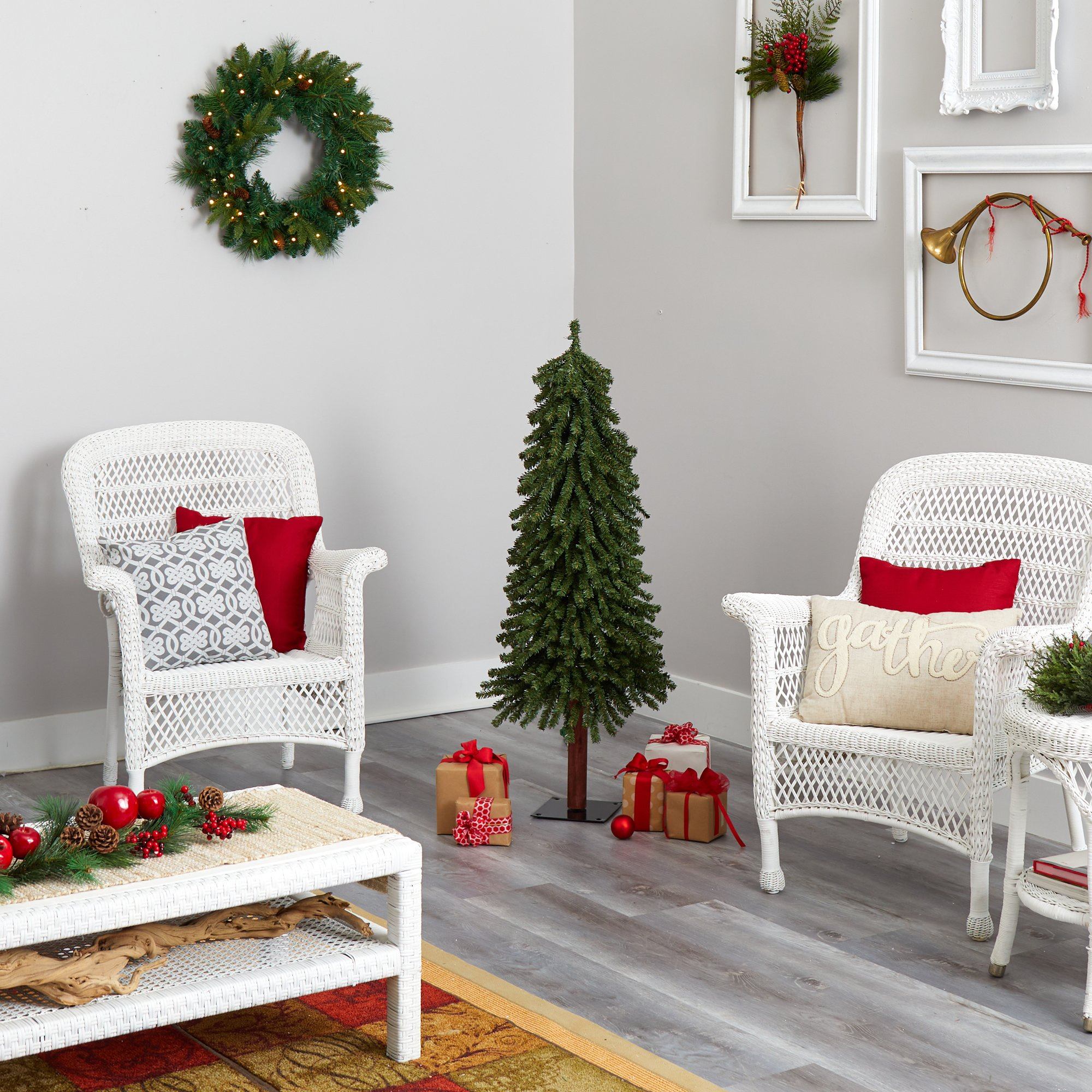 4’ Grand Alpine Artificial Christmas Tree with 100 Clear Lights and 361 Bendable Branches on Natural Trunk