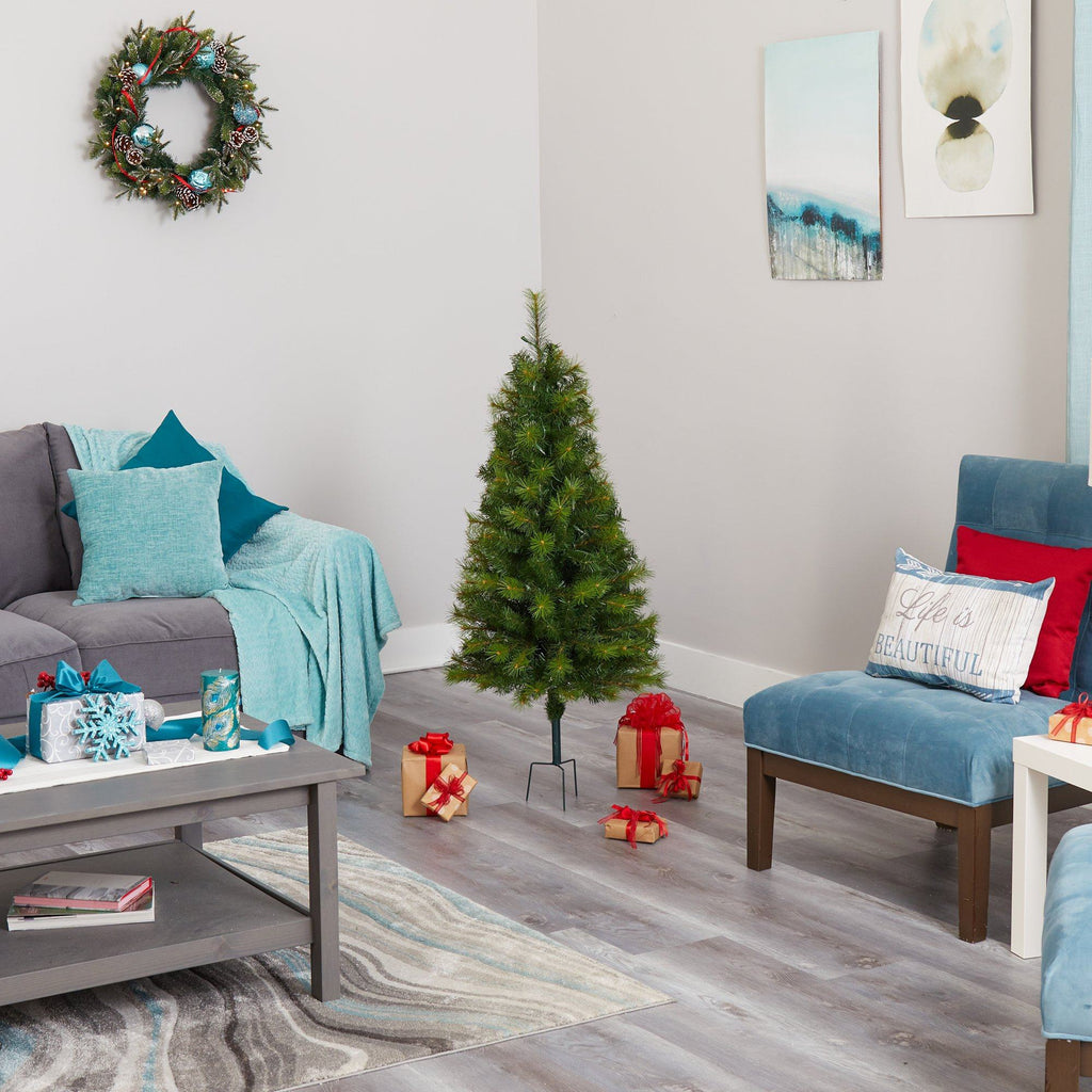 4’ Green Valley Pine Artificial Christmas Tree with 100 Warm White LED Lights and 201 Bendable Branches