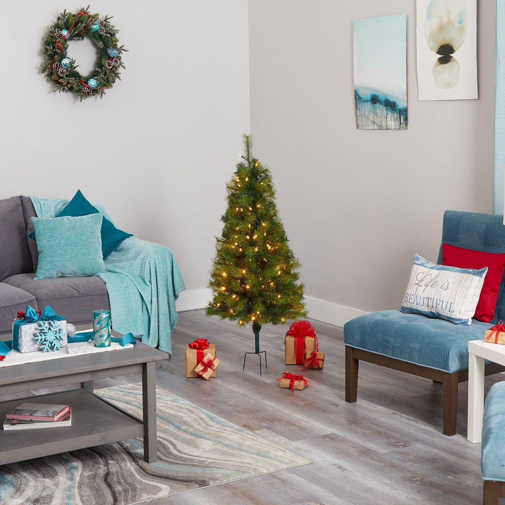 4’ Green Valley Pine Artificial Christmas Tree with 100 Warm White LED Lights and 201 Bendable Branches