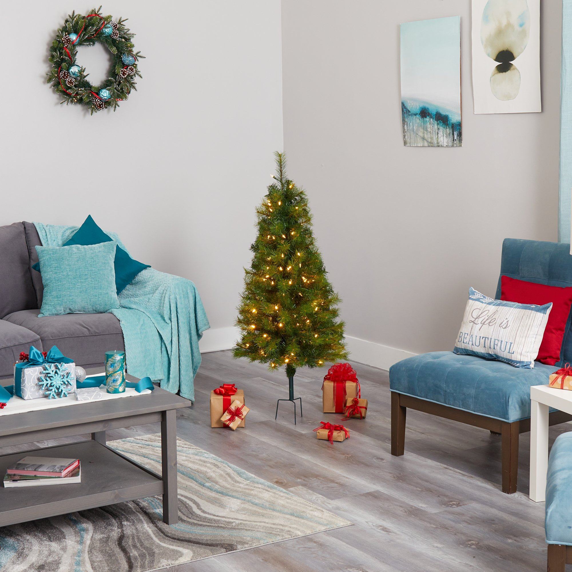 4’ Green Valley Pine Artificial Christmas Tree with 100 Warm White LED Lights and 201 Bendable Branches