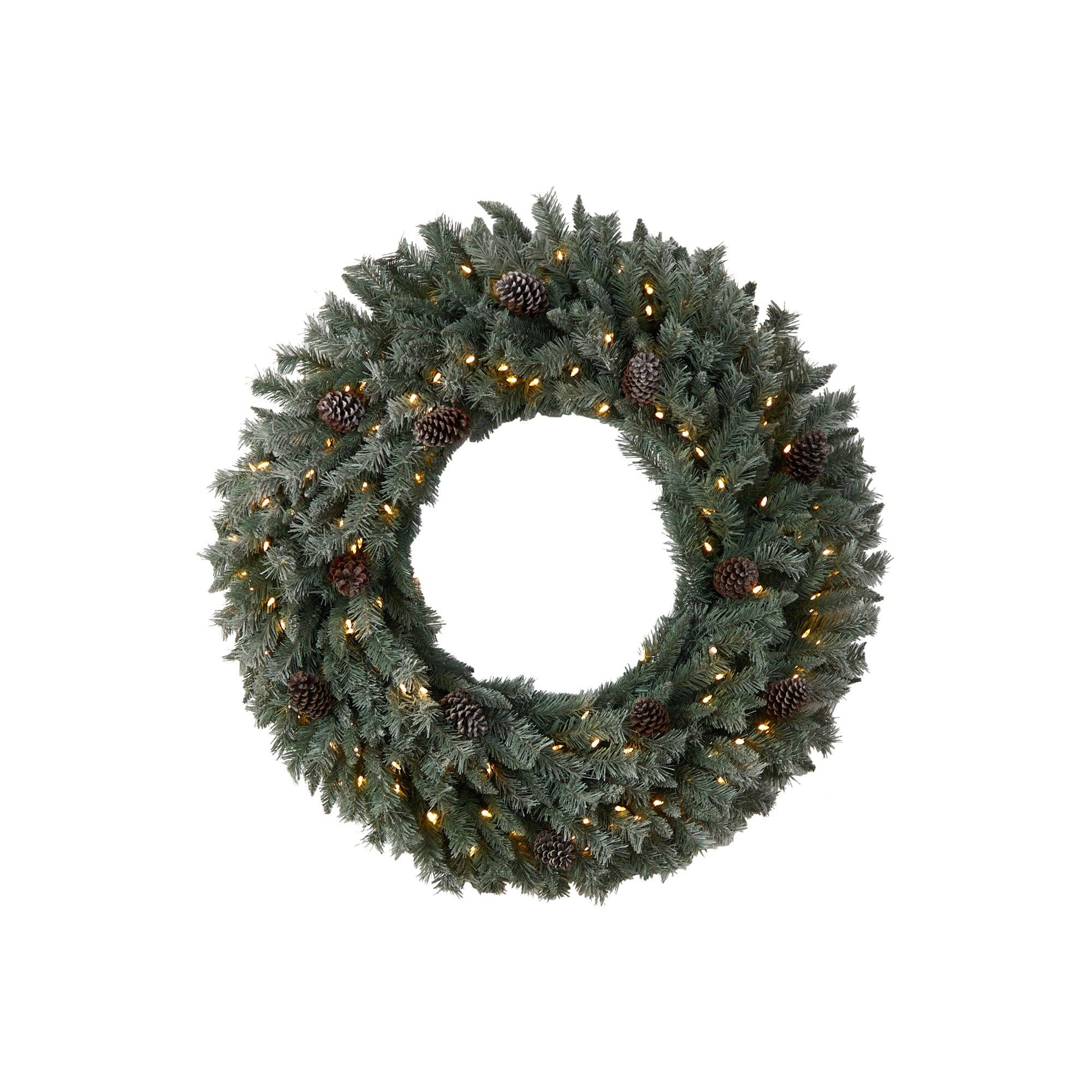 4’ Large Flocked Christmas Wreath with Pinecones, 150 Clear LED Lights and 360 Bendable Branches