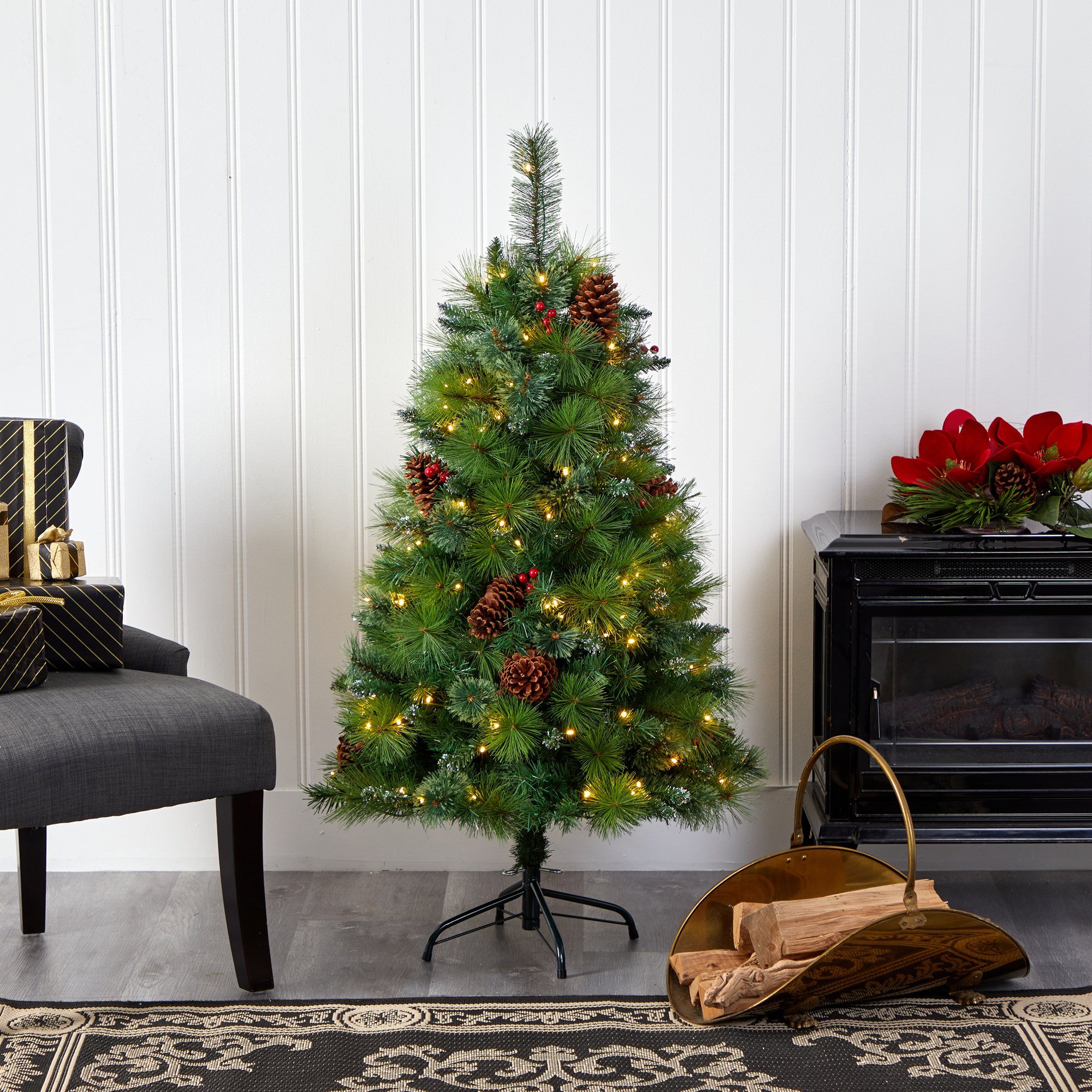 4’ Montana Mixed Pine Artificial Christmas Tree with Pine Cones, Berries and 150 Clear LED Lights