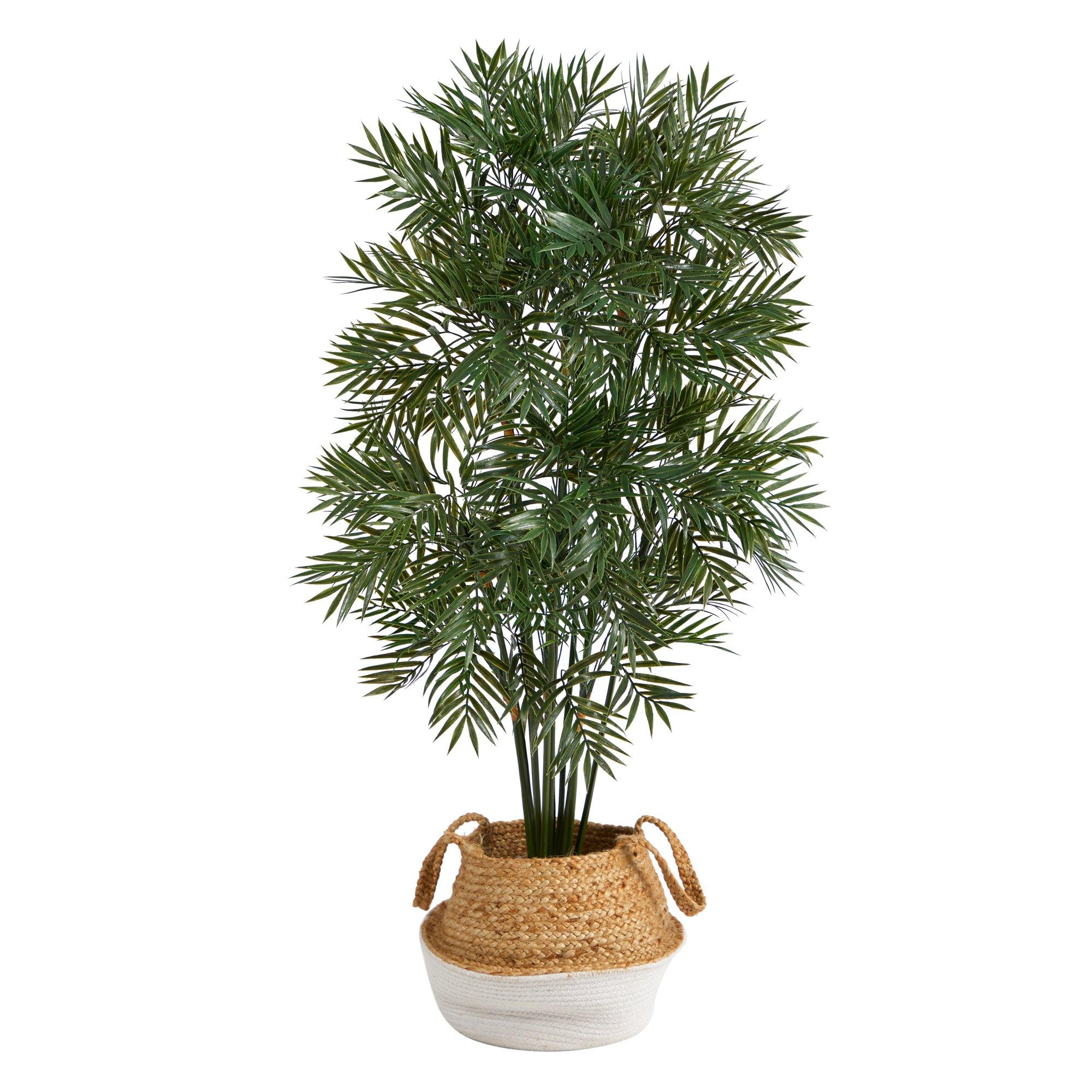 4' Parlor Palm Artificial Tree in Boho Chic Handmade Cotton & Jute White Woven Planter