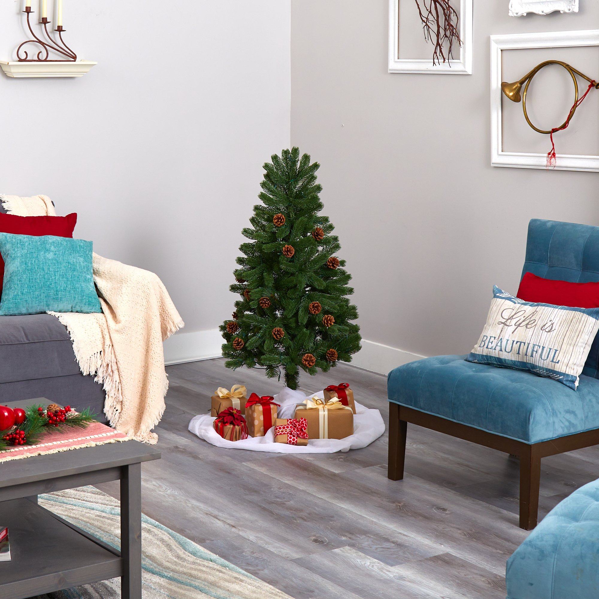 4' Rocky Mountain Spruce Artificial Christmas Tree with Pinecones and 70 Warm White LED Lights