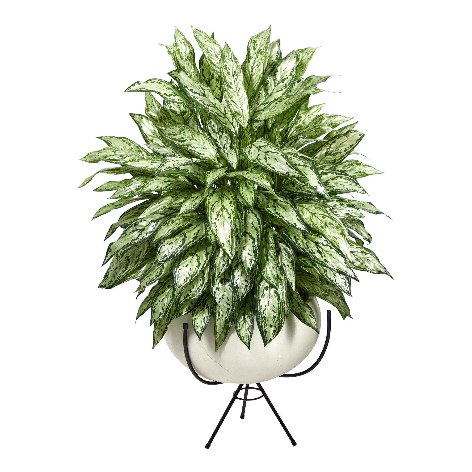 4’ Silver Queen Artificial Plant in White Planter with Metal Stand