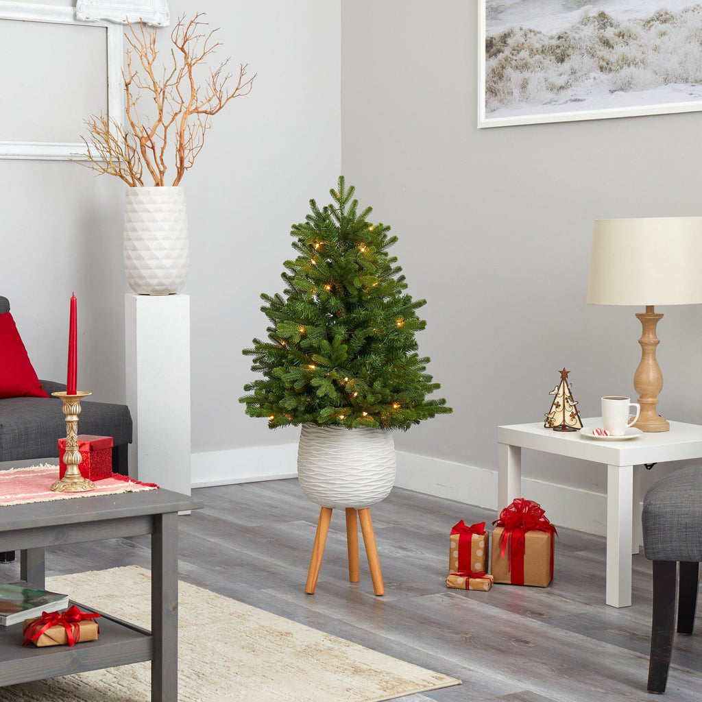 4’ Washington Fir Artificial Christmas Tree with 50 Clear Lights in White Planter with Decorative Planter Stand