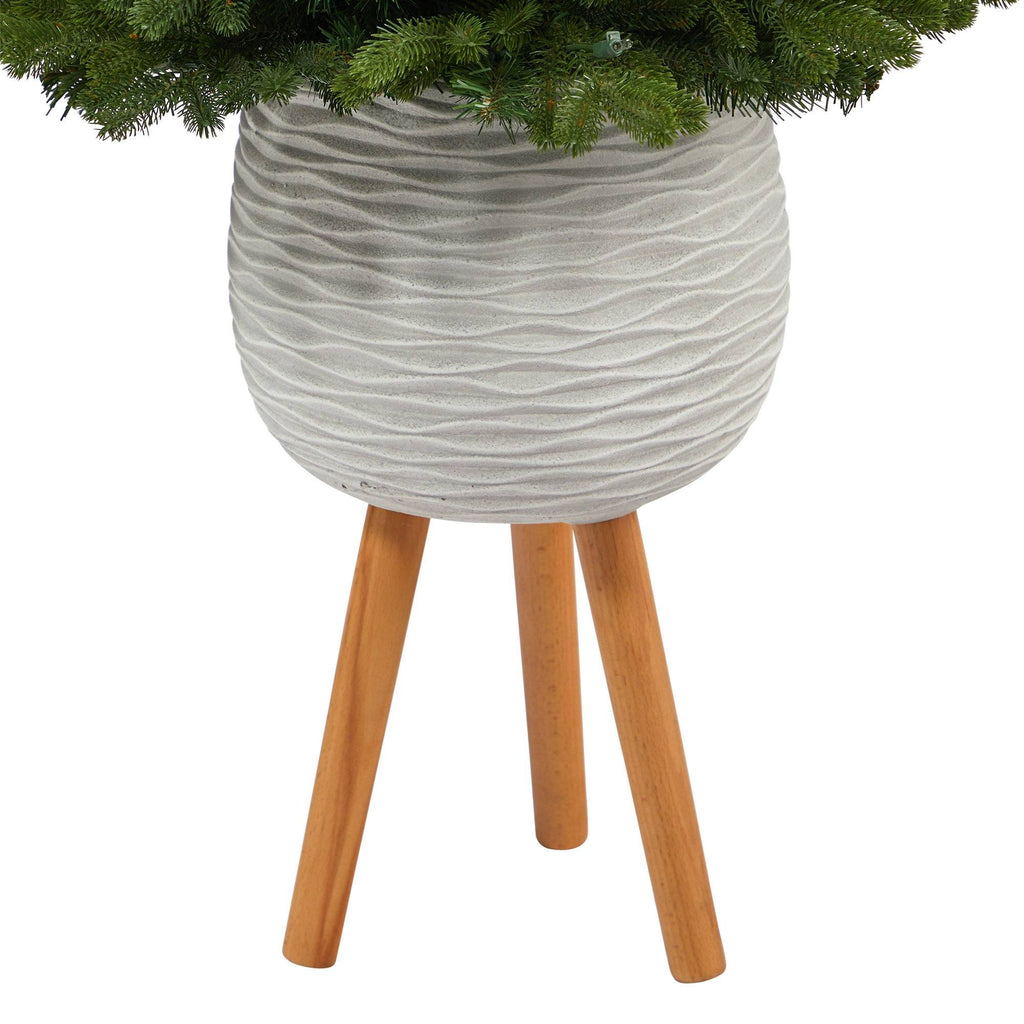 4’ Washington Fir Artificial Christmas Tree with 50 Clear Lights in White Planter with Decorative Planter Stand