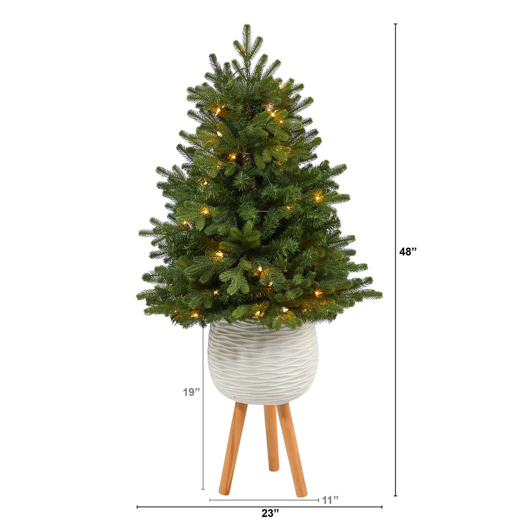 4’ Washington Fir Artificial Christmas Tree with 50 Clear Lights in White Planter with Decorative Planter Stand