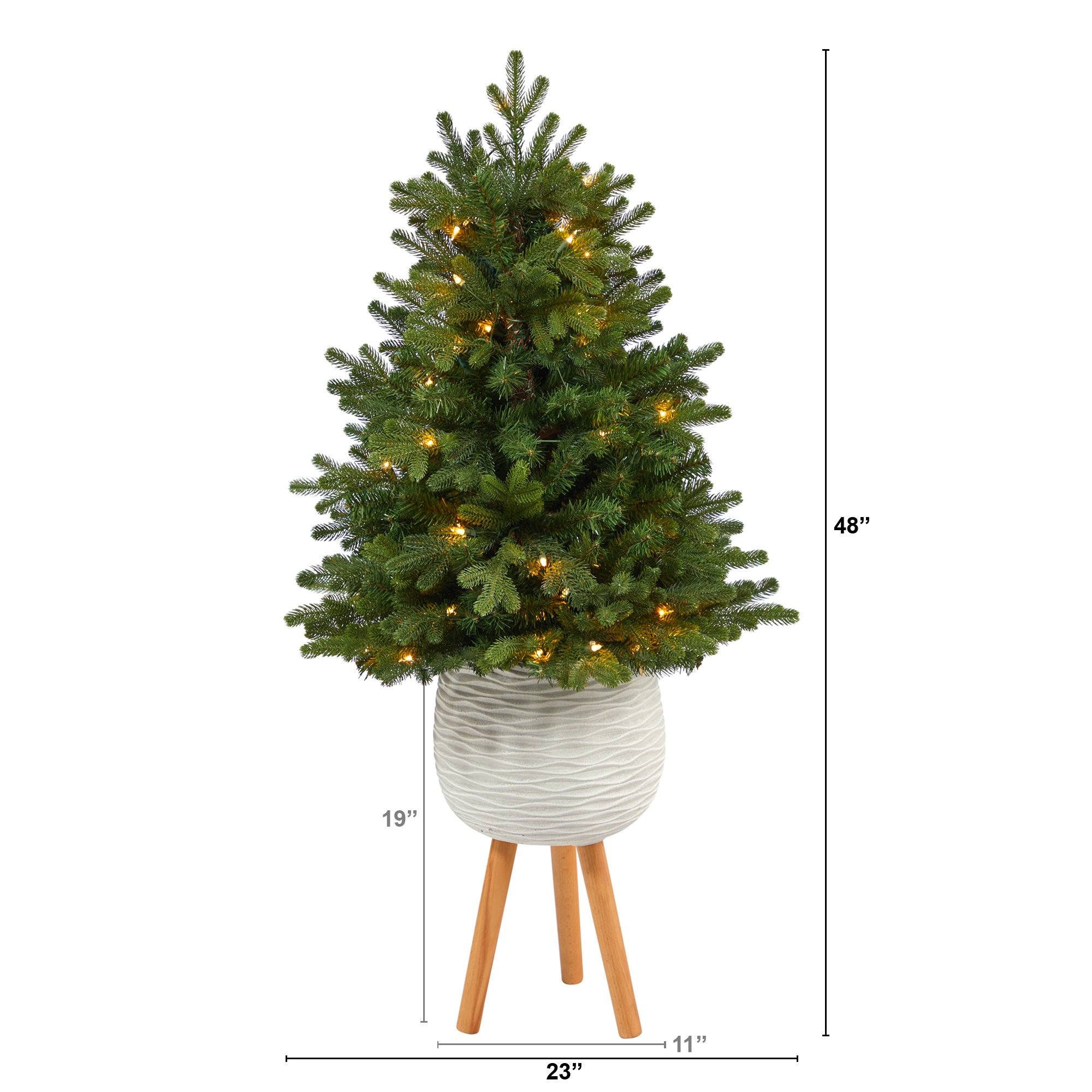 4’ Washington Fir Artificial Christmas Tree with 50 Clear Lights in White Planter with Decorative Planter Stand