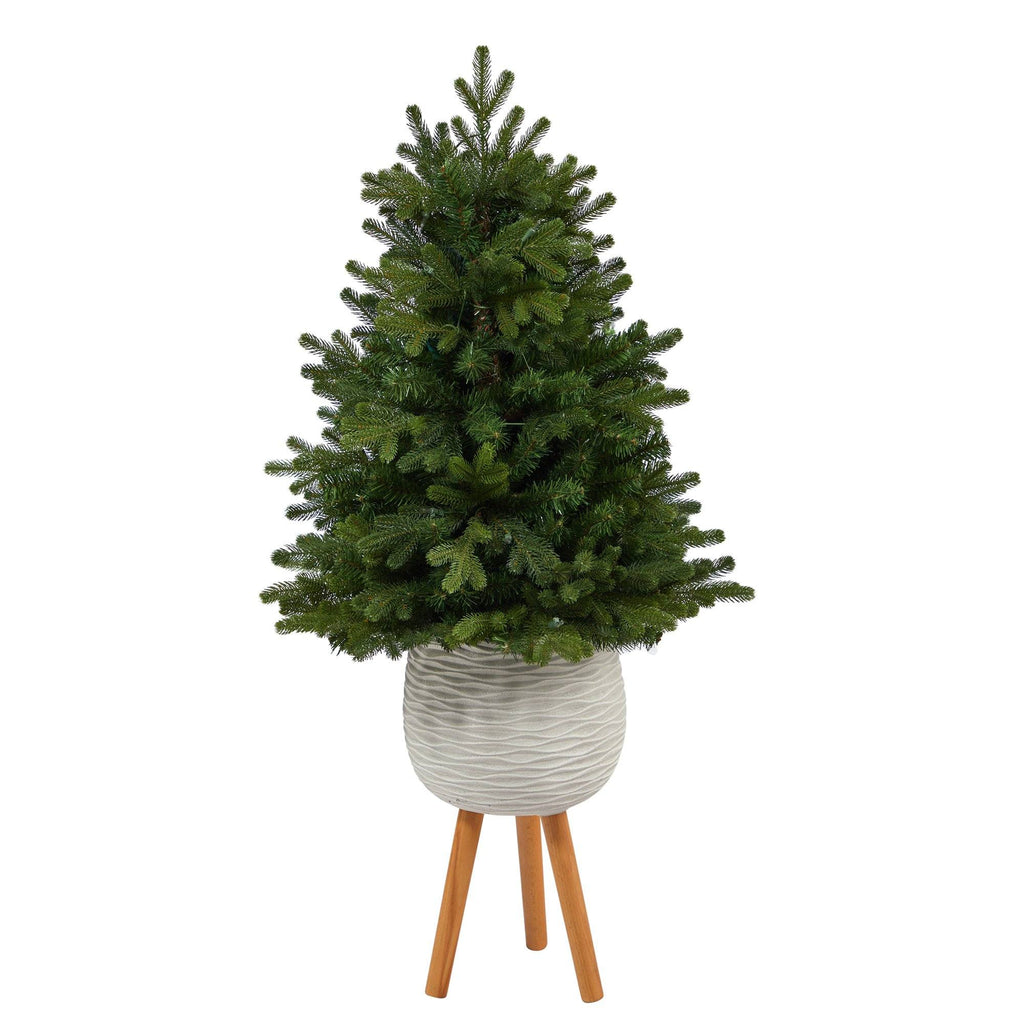 4’ Washington Fir Artificial Christmas Tree with 50 Clear Lights in White Planter with Decorative Planter Stand