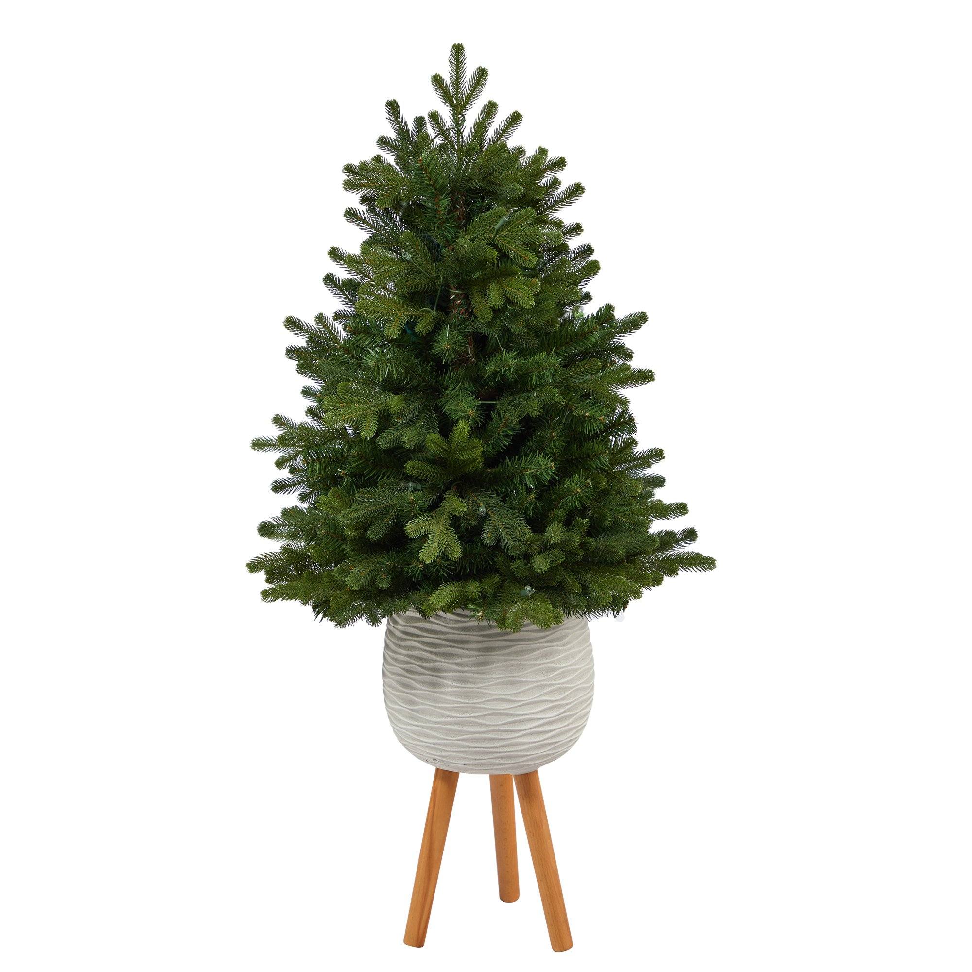 4’ Washington Fir Artificial Christmas Tree with 50 Clear Lights in White Planter with Decorative Planter Stand