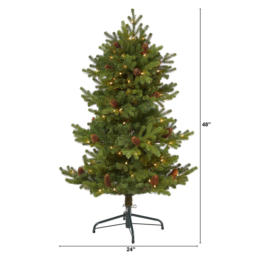 4’ Yukon Mountain Fir Artificial Christmas Tree with 100 Clear Lights, Pine Cones and 386 Bendable Branches