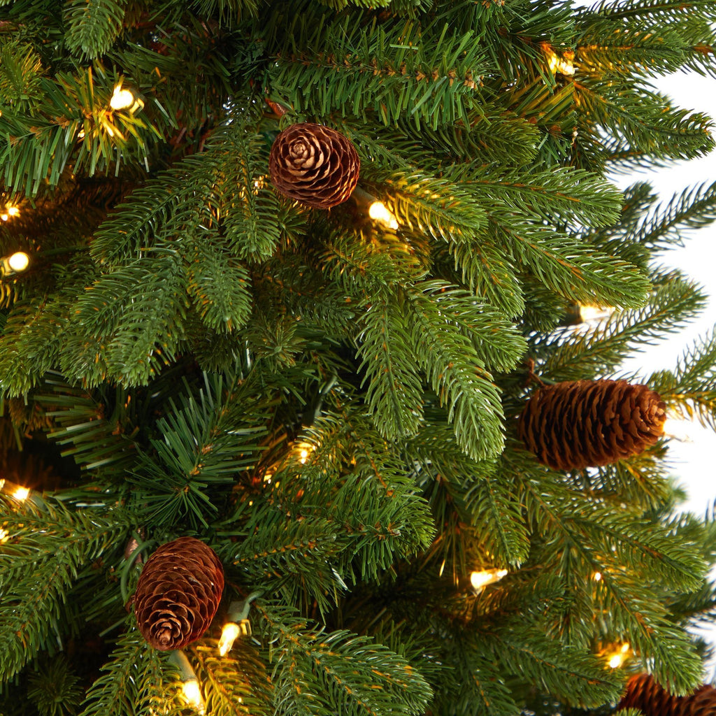 4’ Yukon Mountain Fir Artificial Christmas Tree with 100 Clear Lights, Pine Cones and 386 Bendable Branches in Country White Planter