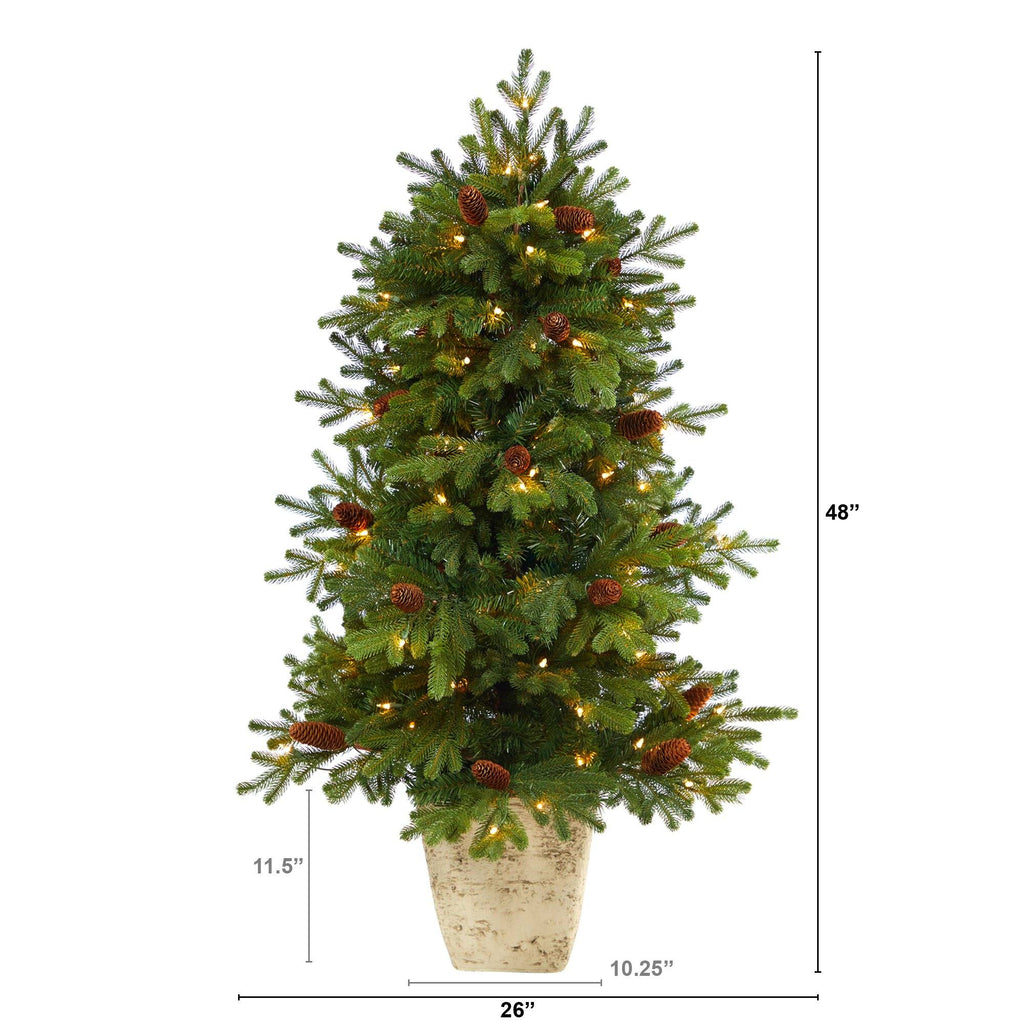 4’ Yukon Mountain Fir Artificial Christmas Tree with 100 Clear Lights, Pine Cones and 386 Bendable Branches in Country White Planter