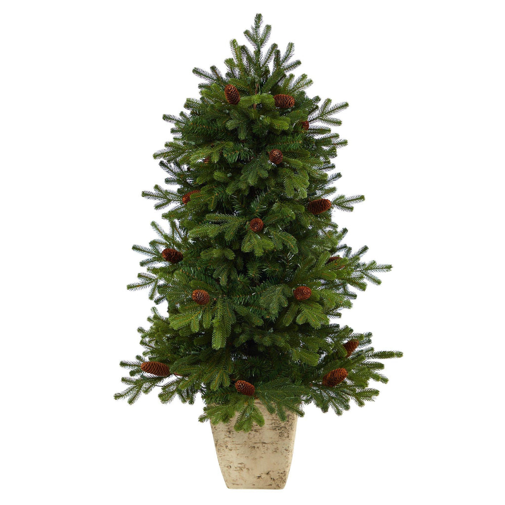 4’ Yukon Mountain Fir Artificial Christmas Tree with 100 Clear Lights, Pine Cones and 386 Bendable Branches in Country White Planter