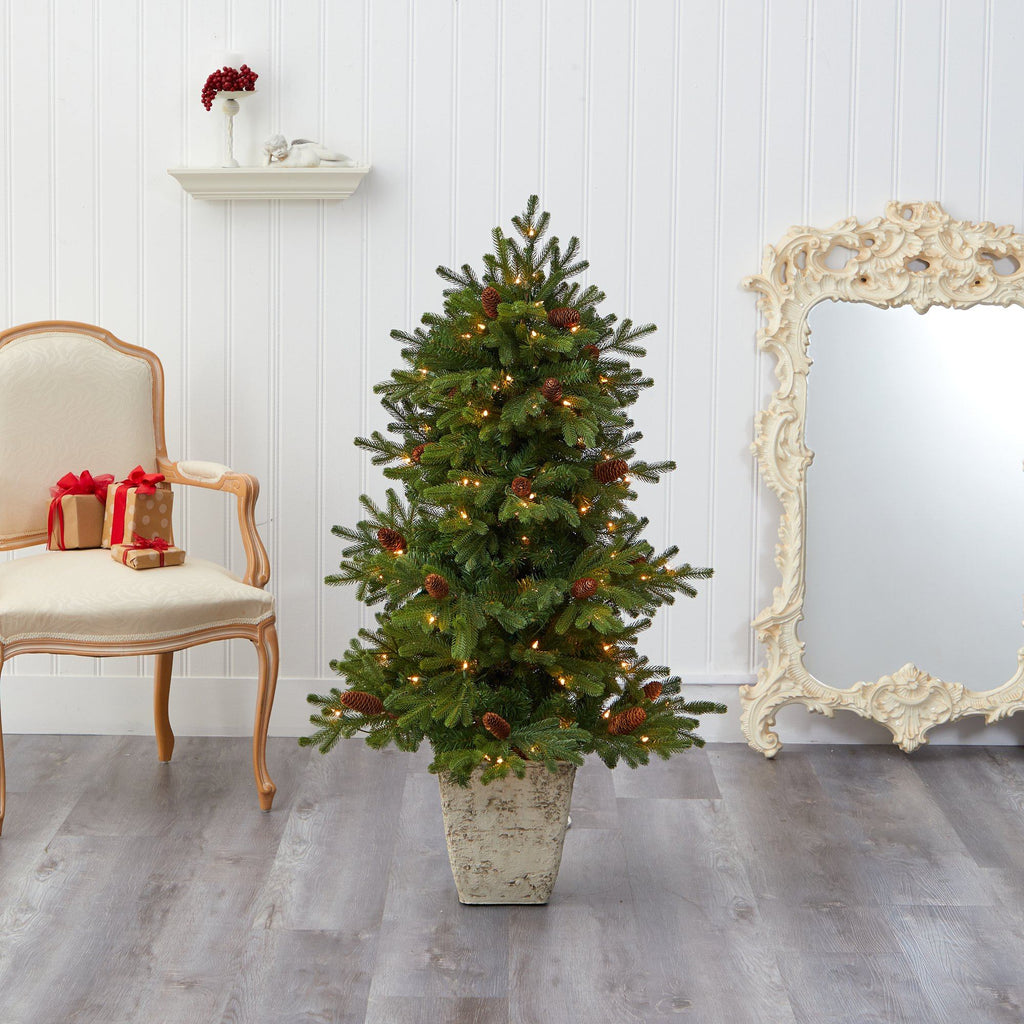 4’ Yukon Mountain Fir Artificial Christmas Tree with 100 Clear Lights, Pine Cones and 386 Bendable Branches in Country White Planter