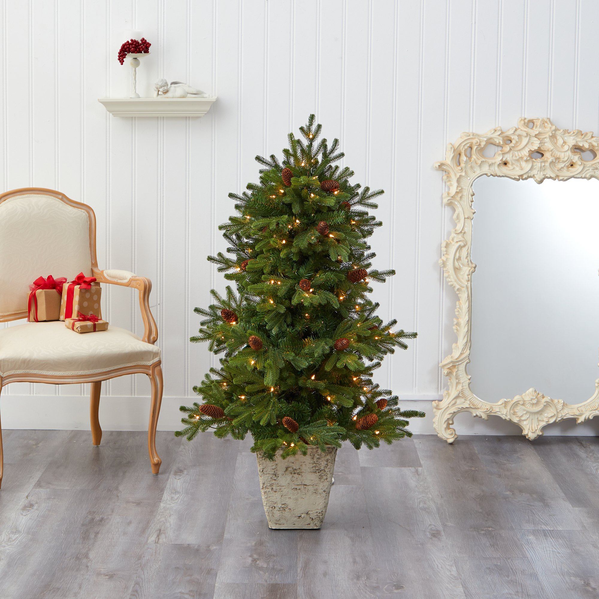 4’ Yukon Mountain Fir Artificial Christmas Tree with 100 Clear Lights, Pine Cones and 386 Bendable Branches in Country White Planter