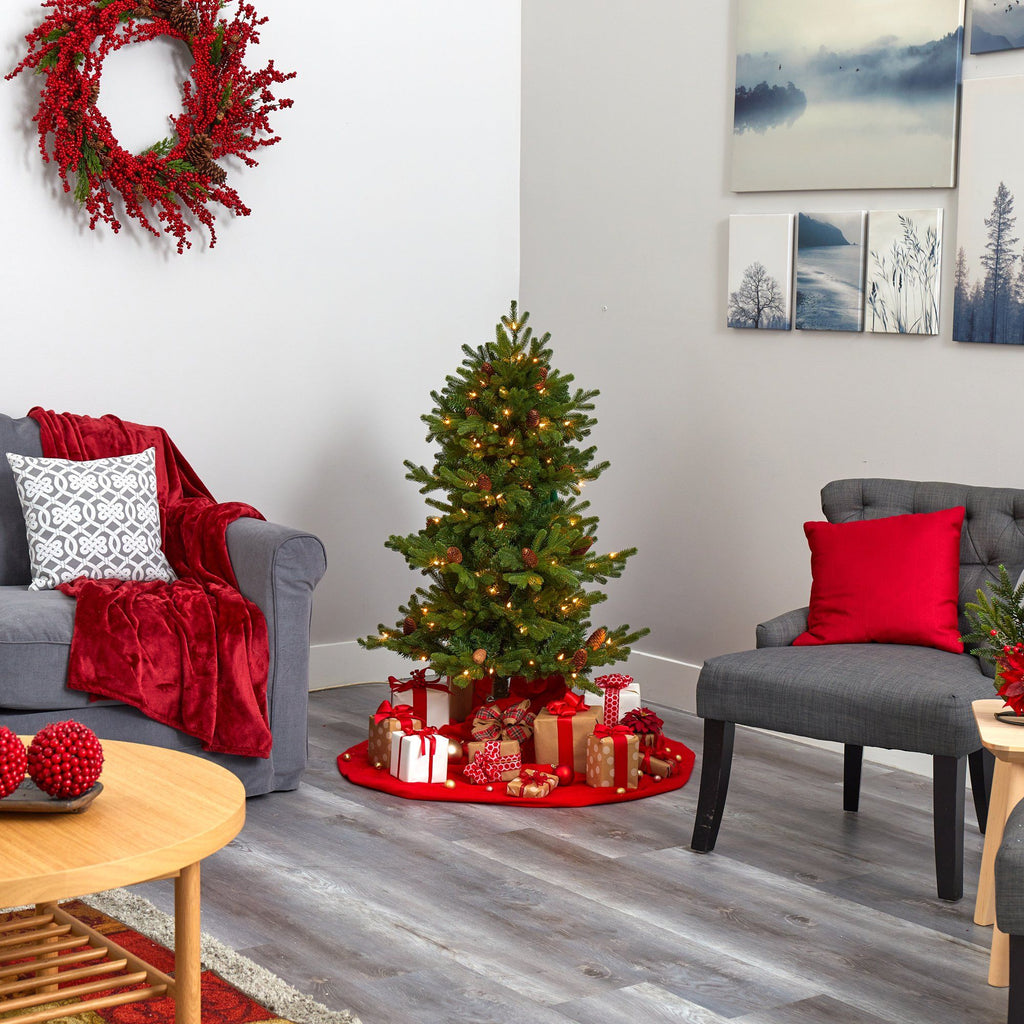 4’ Yukon Mountain Fir Artificial Christmas Tree with 100 Clear Lights, Pine Cones and 386 Bendable Branches