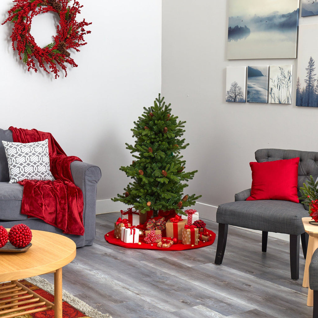 4’ Yukon Mountain Fir Artificial Christmas Tree with 100 Clear Lights, Pine Cones and 386 Bendable Branches