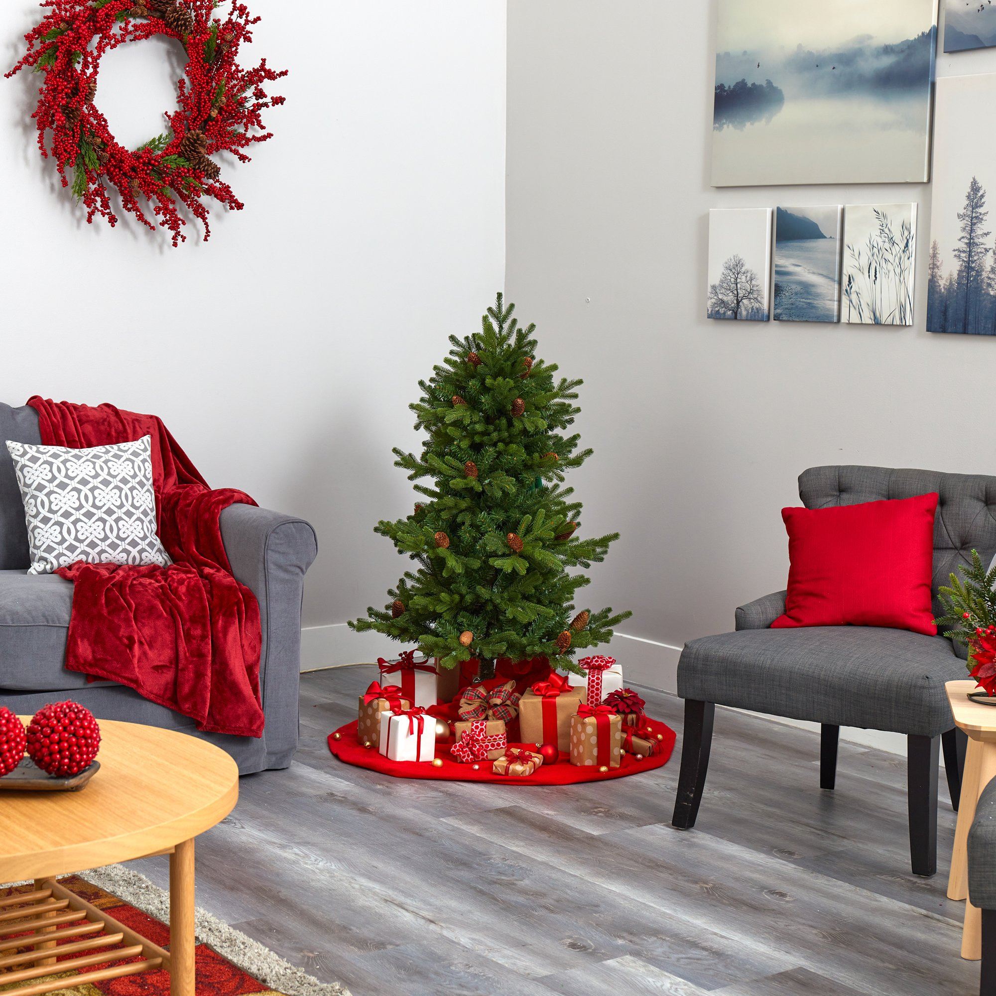 4’ Yukon Mountain Fir Artificial Christmas Tree with 100 Clear Lights, Pine Cones and 386 Bendable Branches