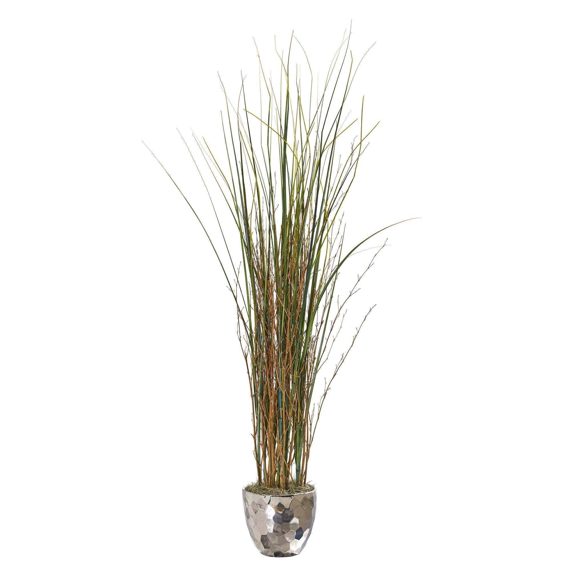40” Grass and Bamboo Artificial Plant in Designer Silver Bowl