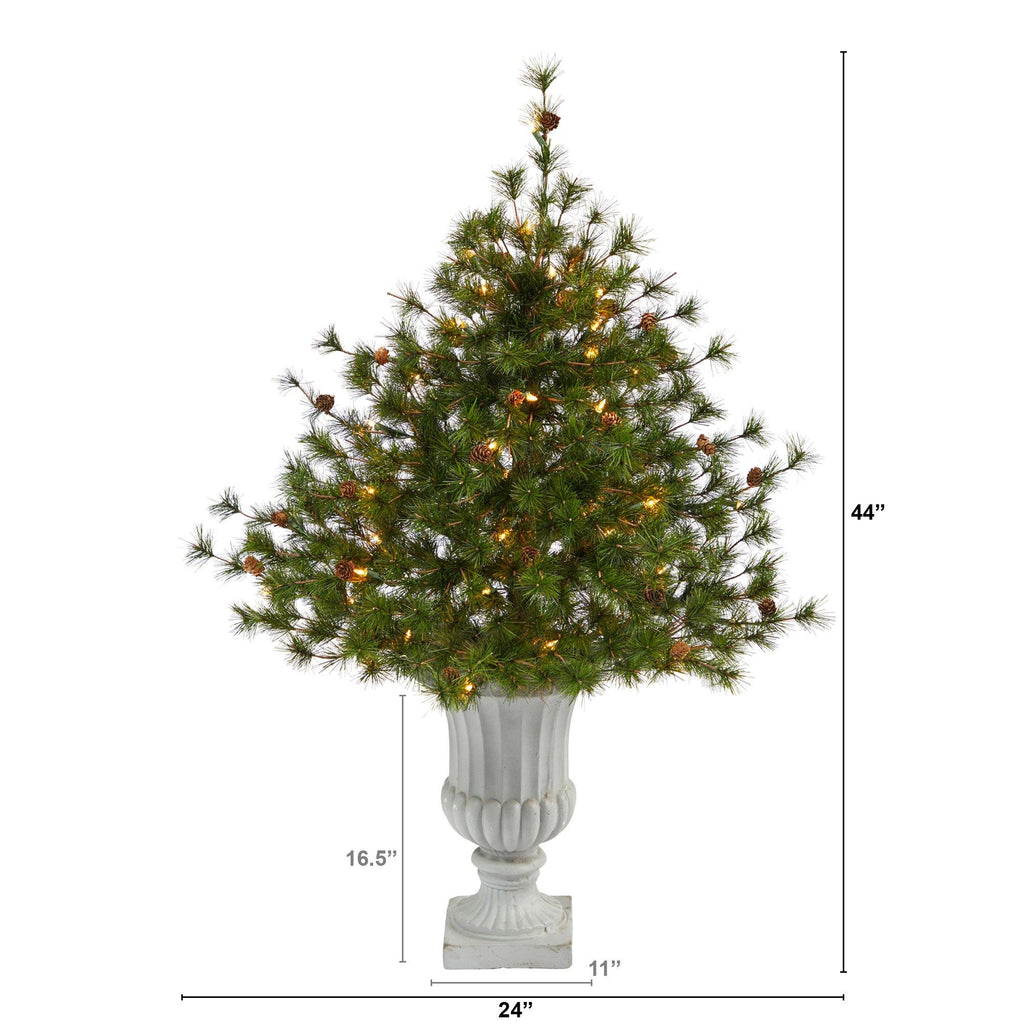 44” Colorado Mountain Pine Artificial Christmas Tree with 50 Clear Lights. 171 Bendable Branches and Pine Cones in Decorative Urn