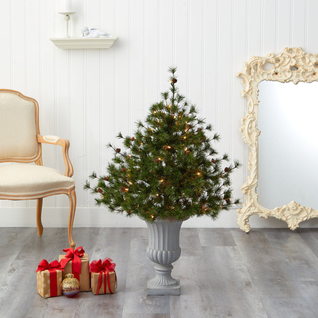 44” Colorado Mountain Pine Artificial Christmas Tree with 50 Clear Lights. 171 Bendable Branches and Pine Cones in Decorative Urn