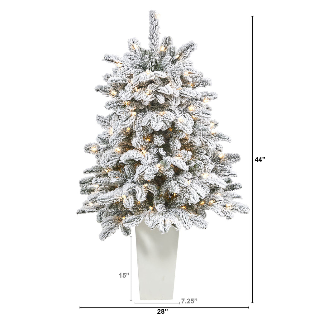 44” Flocked North Carolina Fir Artificial Christmas Tree with 150 Warm White Lights and 545 Bendable Branches in Planter