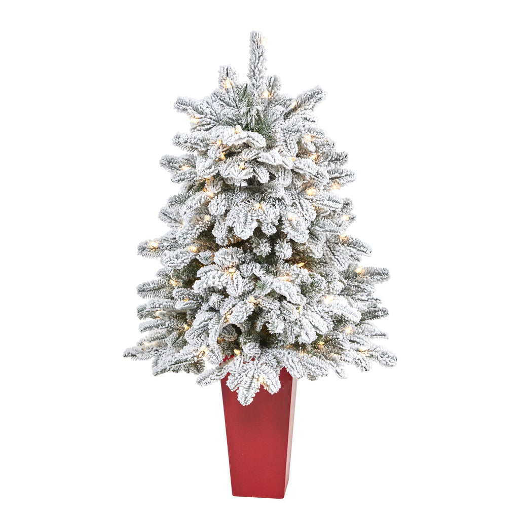 44” Flocked North Carolina Fir Artificial Christmas Tree with 150 Warm White Lights and 545 Bendable Branches in Planter