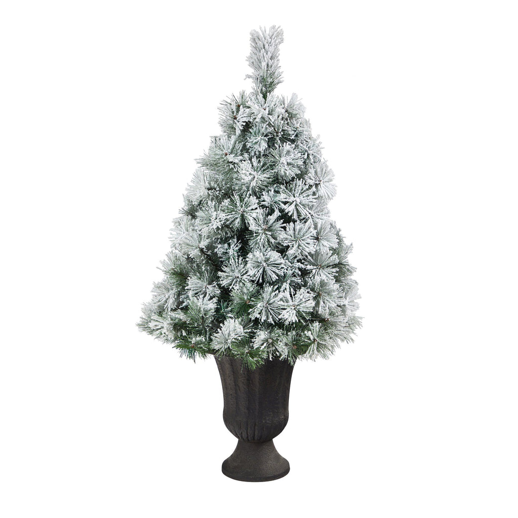 44” Flocked Oregon Pine Artificial Christmas Tree with 50 Clear Lights and 113 Bendable Branches in Charcoal Planter